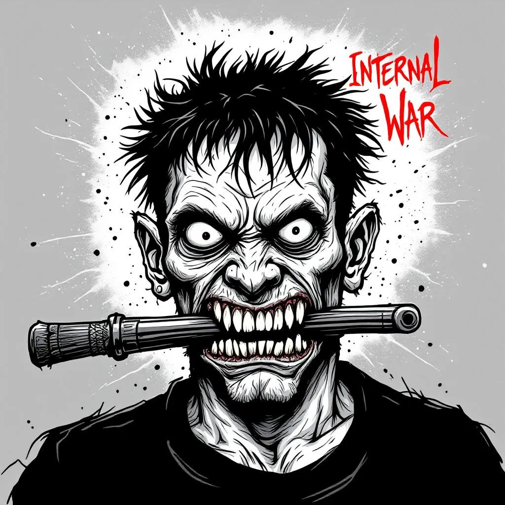 The base inspiration for this design comes from artwork similar to Suburban Scum’s visual style. It is not meant to be a clean or polished illustration, but rather something raw and expressive, like hardcore band artwork or underground zine graphics.

The theme behind the design is “internal war” — a visual representation of inner conflict, pressure, and what exists inside the mind. The goal is to express this idea in an abstract and artistic way, rather than in a realistic or literal manner.

The overall feeling should be dark, chaotic, and emotionally intense, but still stylized with a cartoon-like approach. It should look rough, slightly disturbing, and imperfect, as if it was hand-drawn quickly with strong emotion.

A cartoon-style tattoo design of a distorted male character with a punk aesthetic. The character has an exaggerated, deformed face with uneven eyes, messy teeth, and a rough, sketch-like appearance. The linework should be bold, imperfect, and slightly messy, not clean or realistic.

The composition should remain the same as a classic “gun in mouth” pose. The character is holding a gun in his mouth, and the top of his head is bursting open.

From the head, a mixture of elements is coming out together: simplified blood, a few dollar bills, cigarettes, and smoke. These elements should feel like they are flowing or spilling out rather than exploding violently. The money and cigarettes should be minimal and stylized, not overly detailed.

The overall style should be dark, abstract, and artistic rather than realistic. Avoid detailed shading or smooth gradients. Use mostly black ink with some solid fills and light textures like dots or rough lines.

The design should feel like a punk illustration or underground zine artwork, with a raw and expressive mood. Keep it simple enough to work well as a tattoo and avoid excessive detail.
