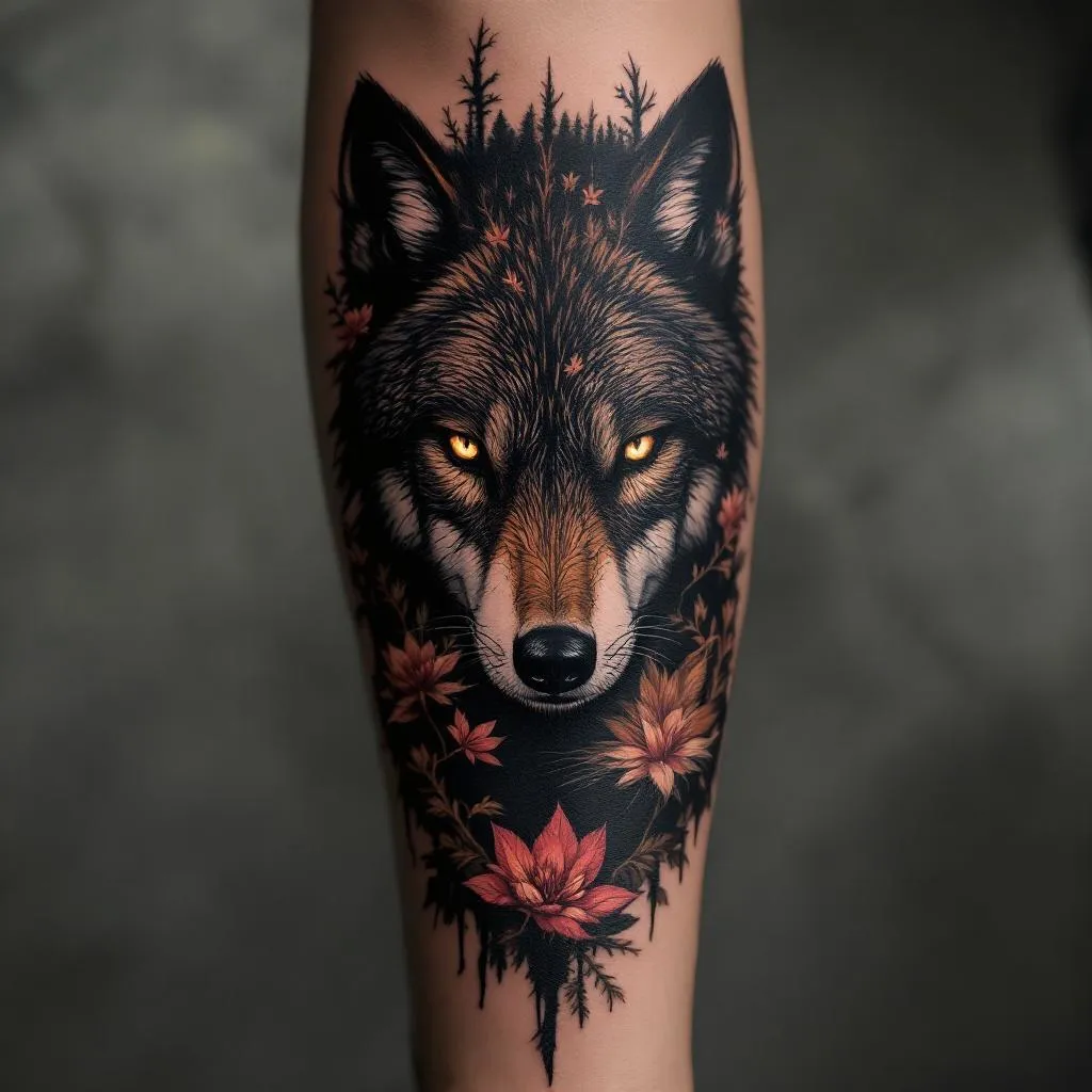 Löwenkopf, Nadelwald bei Nacht, Reh, Fuchs, Wolf, Luchs, Habicht, Rothirsch 
Das Motiv ist für den ganzen Arm.