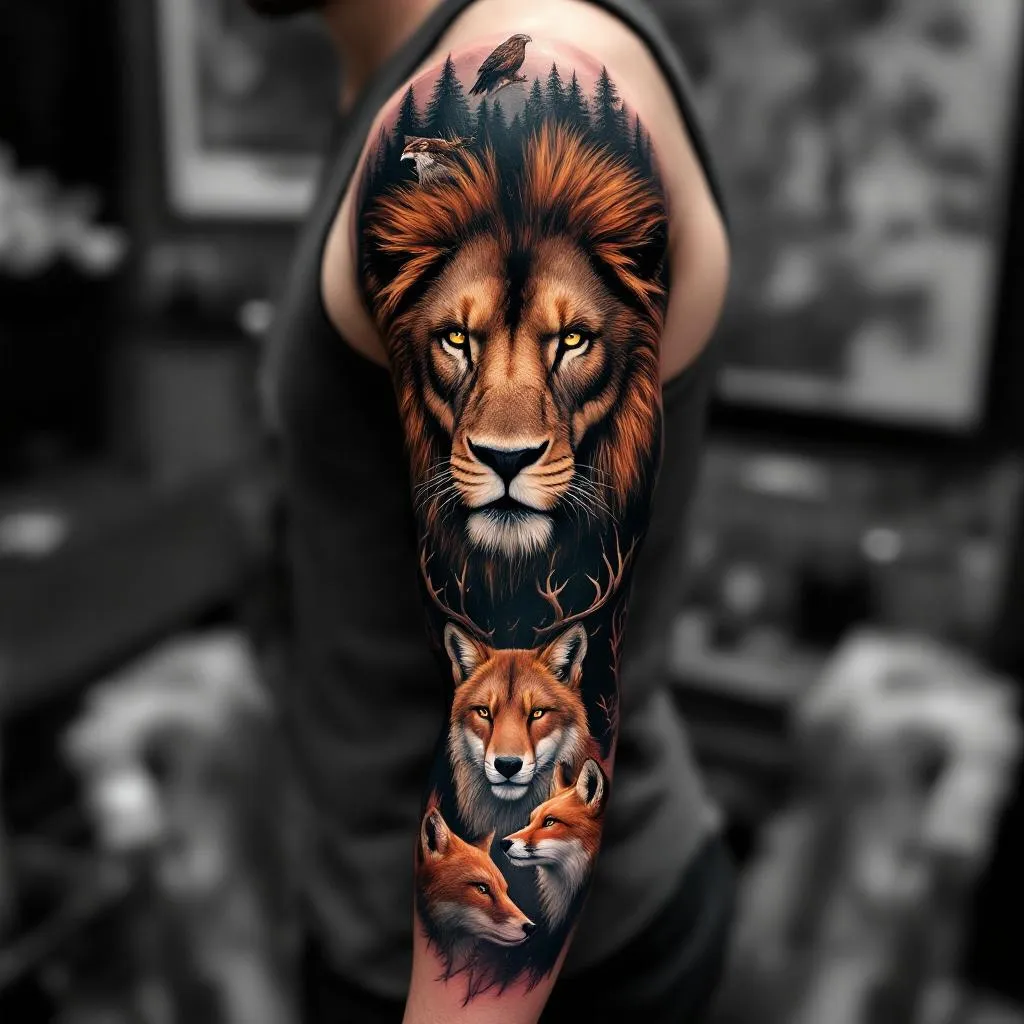 "A full arm sleeve tattoo (realism style) featuring a majestic lion head as the focal point, surrounded by a dark pine forest at night. The scene includes deer (Reh), red deer (Rothirsch), fox, wolf, and lynx seamlessly blended into the nature scenery, with a hawk (Habicht) integrated, perhaps soaring on the forearm or shoulder."