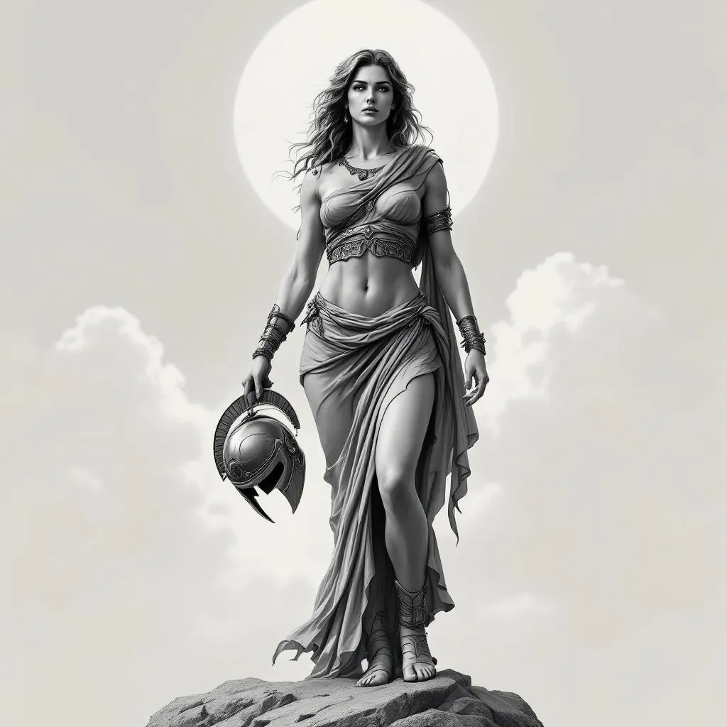 Full body depiction of Athena, Greek goddess of war and wisdom, standing in a powerful yet calm posture. She is holding her helmet in one hand (not wearing it), symbolizing control and strategy over chaos.
Style is semi-realistic with clean structure, not overly detailed, suitable for tattoo design.
Strong anatomical balance, elegant feminine strength, not exaggerated.

Clothing inspired by ancient Greek armor and draped fabric, flowing naturally with subtle movement.

Background: soft, minimal sky with light clouds, slightly atmospheric but not distracting.

Lighting: soft directional light from above, creating gentle shadows under the chin, arms, and fabric folds.

Contrast: medium to high for tattoo readability, clean edges, smooth shading transitions.

Color: black and grey only.

Composition: centered, full body visible, slight contrapposto stance for natural flow.

Mood: divine, controlled, intelligent power — not aggressive, not chaotic.
