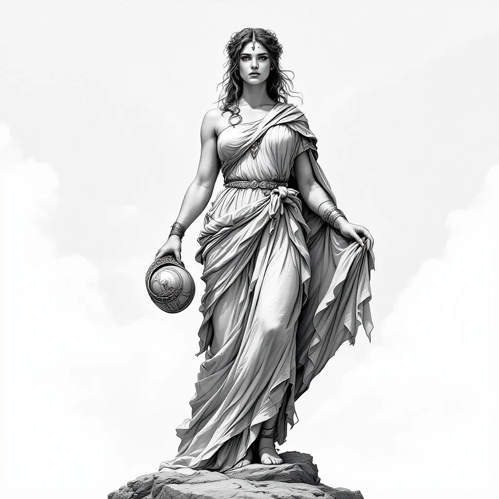 Full body depiction of Athena, Greek goddess of war and wisdom, standing in a powerful yet calm posture. She is holding her helmet in one hand (not wearing it), symbolizing control and strategy over chaos.
Style is semi-realistic with clean structure, not overly detailed, suitable for tattoo design.
Strong anatomical balance, elegant feminine strength, not exaggerated.

Clothing inspired by ancient Greek armor and draped fabric, flowing naturally with subtle movement.

Background: soft, minimal sky with light clouds, slightly atmospheric but not distracting.

Lighting: soft directional light from above, creating gentle shadows under the chin, arms, and fabric folds.

Contrast: medium to high for tattoo readability, clean edges, smooth shading transitions.

Color: black and grey only.

Composition: centered, full body visible, slight contrapposto stance for natural flow.

Mood: divine, controlled, intelligent power — not aggressive, not chaotic.
