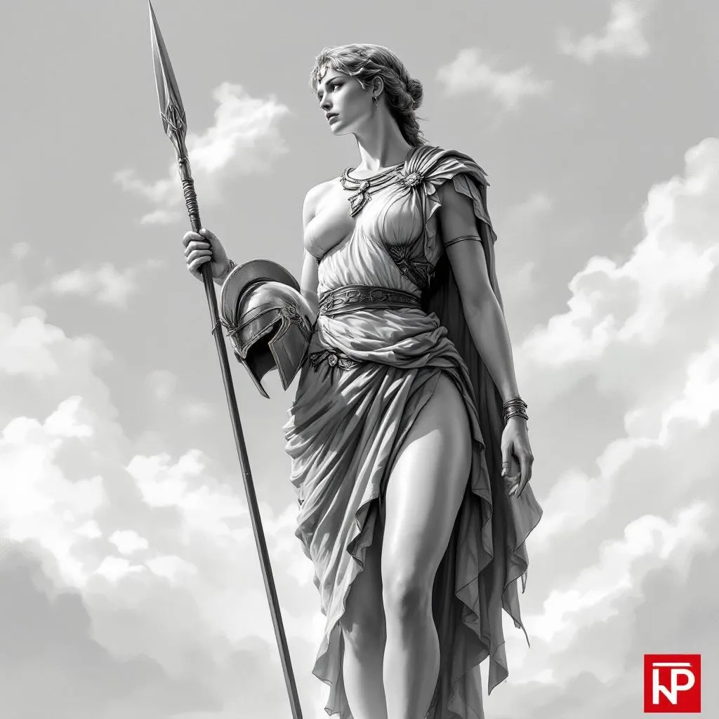 Full body depiction of Athena, Greek goddess of war and wisdom, standing in a composed and authoritative posture.
She is not sexualized — her presence is dignified, powerful, and restrained.

She holds her helmet close to her body, symbolizing control and readiness.
In the other hand, she carries a spear, held naturally and calmly (not in attack position).

Style: semi-realistic, clean structure, not overly detailed, suitable for tattoo design.

Body: strong, balanced anatomy with subtle feminine form, no exaggeration.

Clothing: traditional Greek armor with draped fabric, natural folds, no exposure or sensual emphasis.

Background: minimal soft sky with light clouds, atmospheric but subtle.

Lighting: soft light from above, creating gentle shadows under the chin, arms, and fabric folds.

Shading: selective, smooth grey wash style, emphasizing structure without heavy realism.

Contrast: medium to high for tattoo readability, clean silhouette.

Color: black and grey only.

Composition: centered, full body visible, slight contrapposto stance for natural flow.

Mood: calm authority, intelligence, divine discipline — not aggressive, not sensual.
