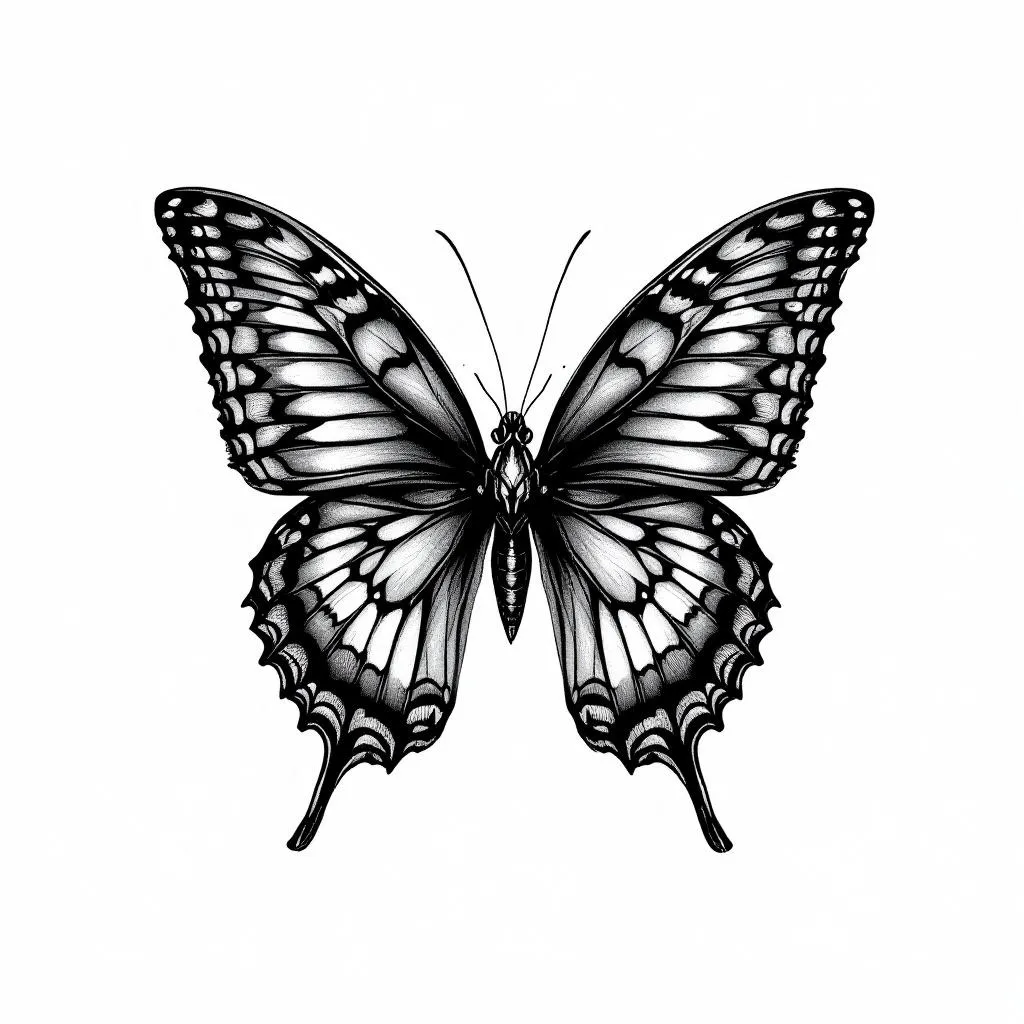 Prompt: Create a masterpiece-quality black-and-grey tattoo illustration of a butterfly with intricate patterns. Output in 4K/8K/UHD, ultra-detailed with highly intricate patterns, best quality, and sharp focus. Use smooth, realistic shading to create depth and strong contrast in a classic tattoo art style. Strictly no blur. Background: pure white; place the design centered on the canvas with generous negative space around it. Ensure the tattoo composition looks perfect and the style is correct. Final image must contain absolutely NO signatures, watermarks, text, letters, logos, or artist marks. The final tattoo pattern should be high-definition and not blurry.

Position on body: Left inner forearm, oriented vertically with the butterfly’s head near the elbow and wings extending toward the wrist, following the forearm’s natural contour to read well as a tattoo.

Style: Black-and-grey realism with fine-line detailing, subtle stippling, and smooth gradient shading.

Skin Tone: medium
Gender: male