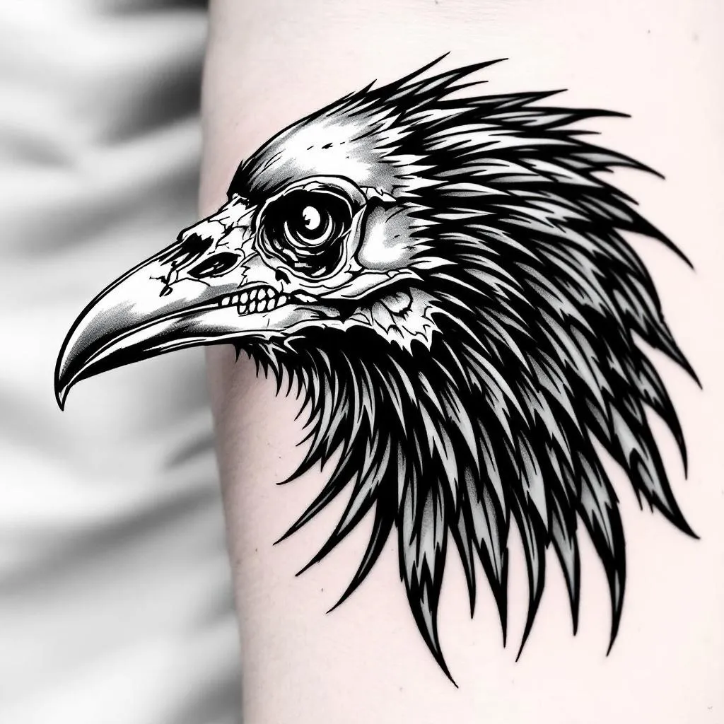 Traditional American raven skull tattoo, side-profile view, bold black outlines with high-contrast black-and-gray shading and white highlights, no color. Placement: outer forearm (side of the arm) on a male with medium skin tone. Size: 30x30 cm. Orientation: raven skull facing toward the wrist so the beak points down the forearm; suitable for either left or right arm to fit anatomy.