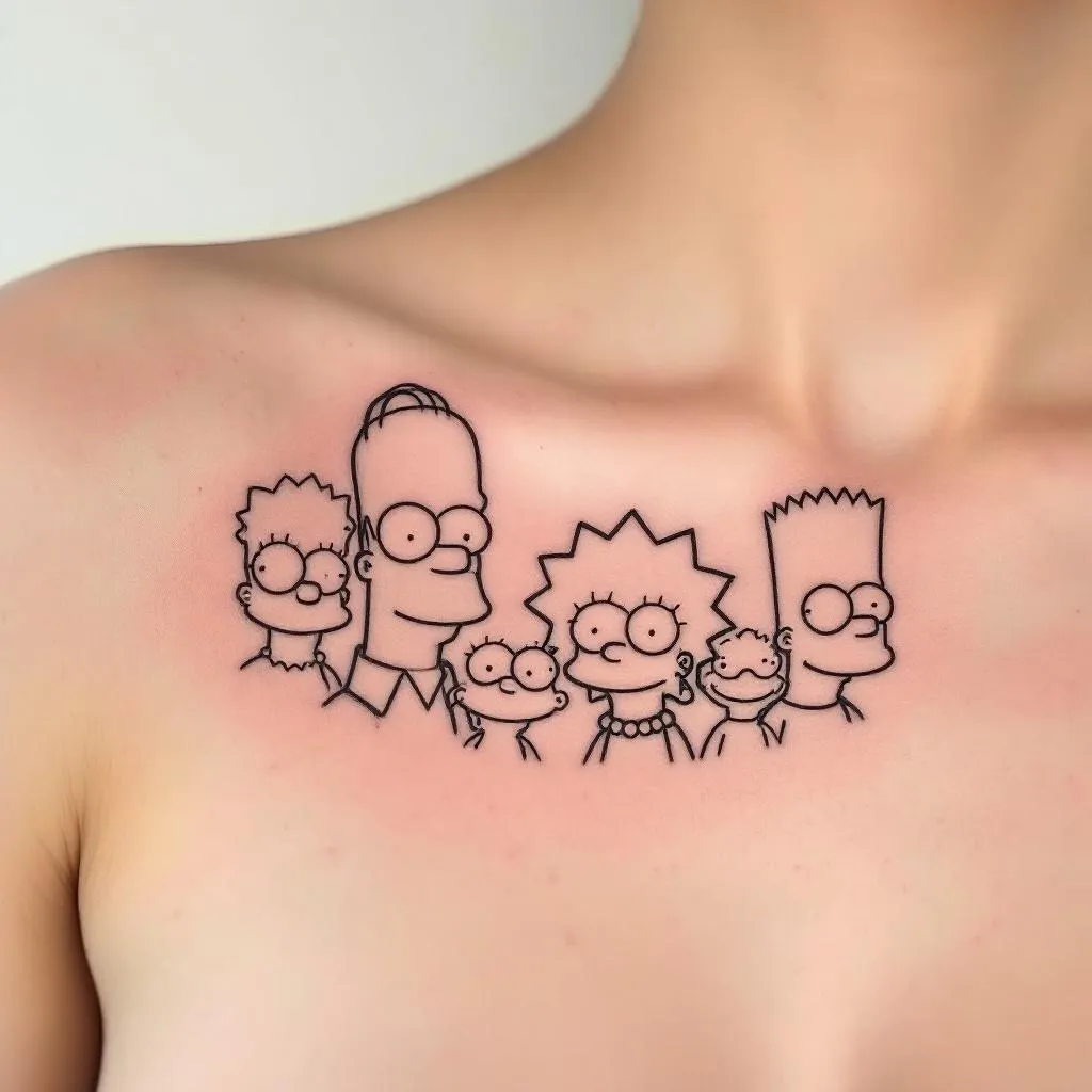 - Prompt: Minimalist tattoo-ready depiction of The Simpsons family (Homer, Marge, Bart, Lisa, Maggie) arranged in a compact arc across the collarbone. Rendered as clean line art with bold black outlines. Left-to-right order: Homer, Marge, Bart, Lisa, Maggie. Characters in simple poses, friendly expressions, facing forward. Use a subdued color palette suitable for medium skin tones, with strong contrast provided by black outlines. Ensure legibility at typical tattoo sizes and leave some negative space around the group.
- Style: Minimalist line-art/vector with bold outlines
- Skin Tone: medium
- Gender: female
- Position: On collarbone, following the collarbone/pectoral curve (from left shoulder area to right pectoral).
