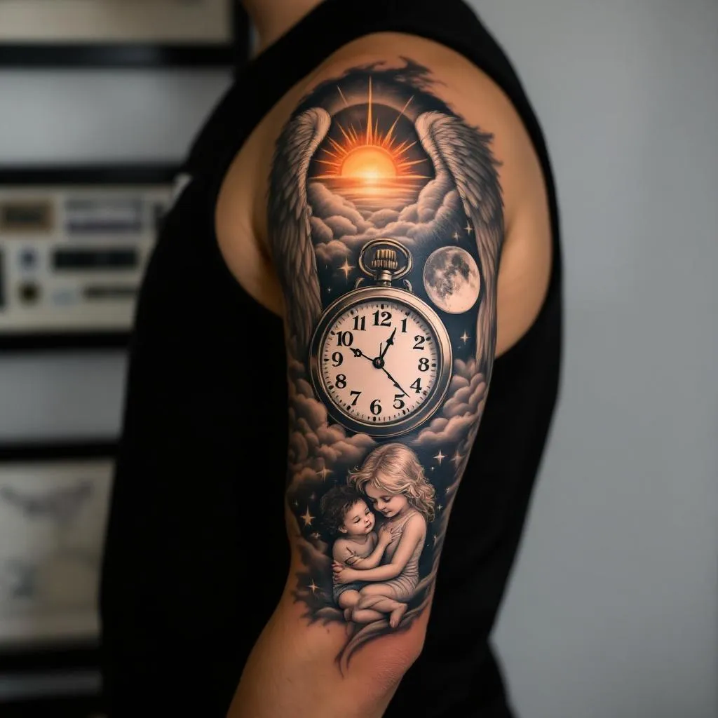 Arm sleeve, an angel covering the inner shoulder area, a pocket watch showing 12:28, a sun, a moon, and on the inner bicep, a child and mother.