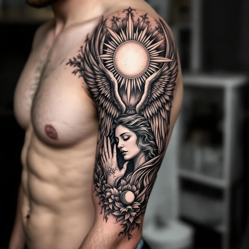 Arm sleeve, an angel covering the inner shoulder area, a sun, a moon