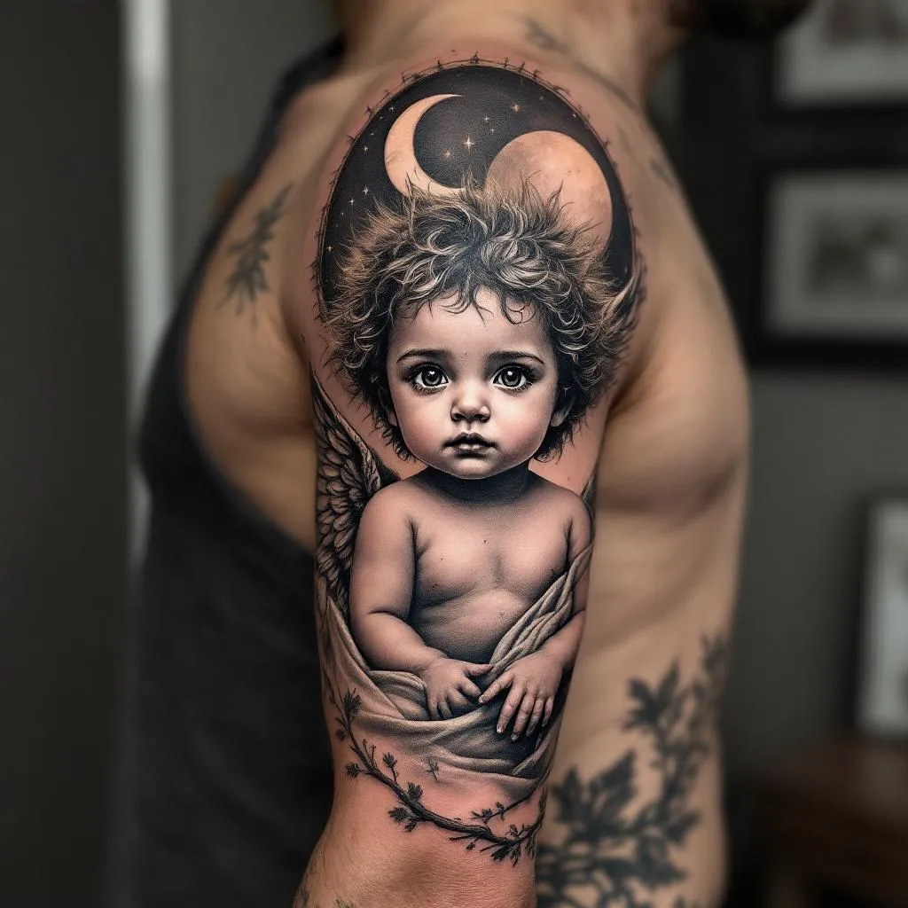 Arm sleeve, an angel child covering the inner shoulder area, a sun, a moon