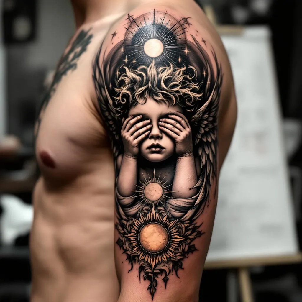 Arm sleeve, an angel child covering his eyes 
the inner shoulder area, a sun, a moon
