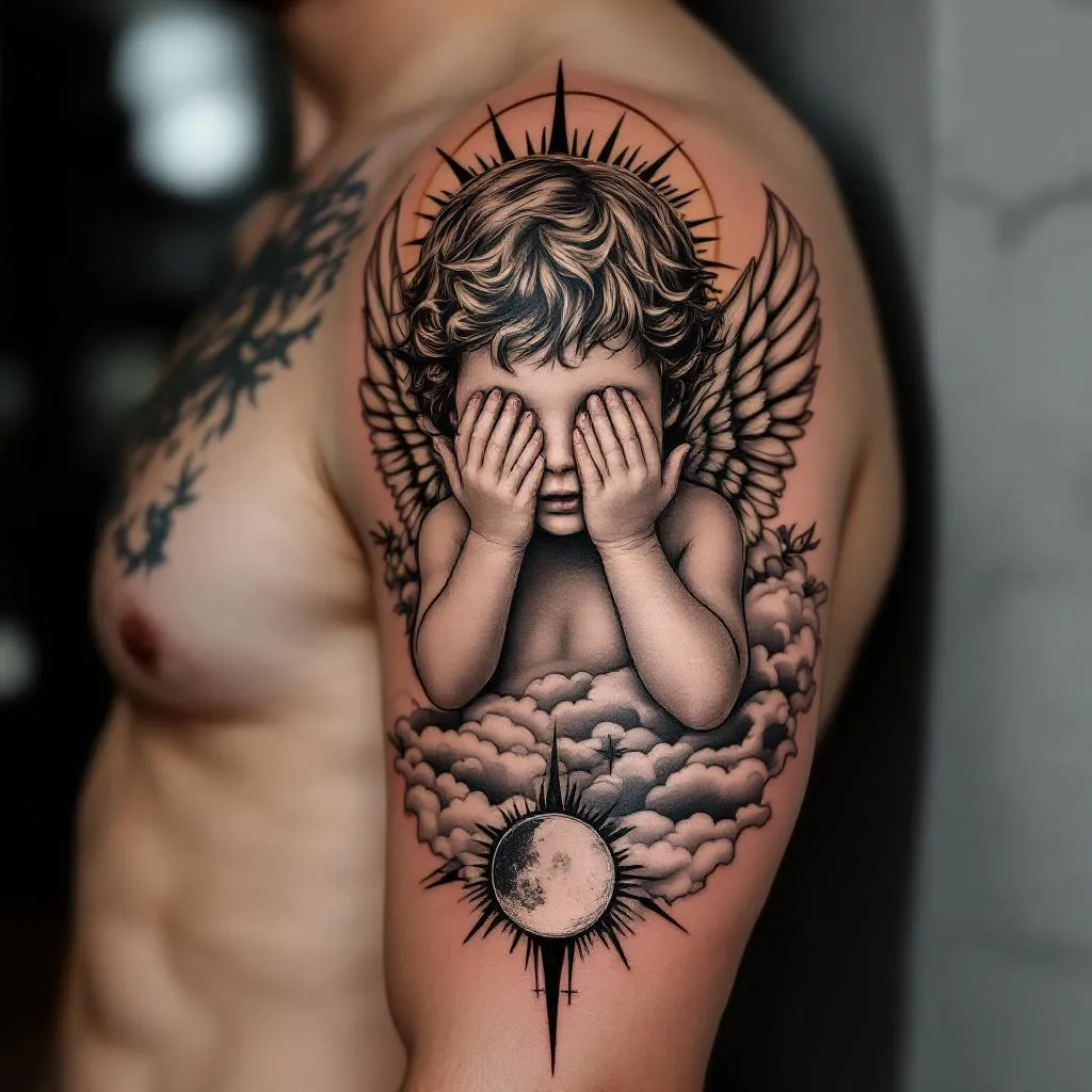 Arm sleeve, an angel child covering his eyes 
the inner shoulder area, a sun, a moon
