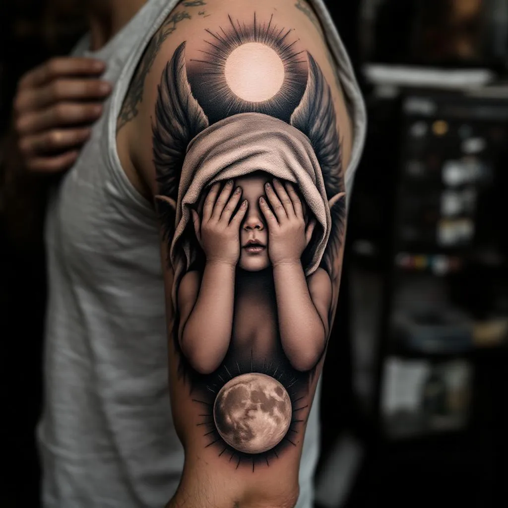 Arm sleeve, an angel child covering his eyes 
with a towel , a sun, a moon
