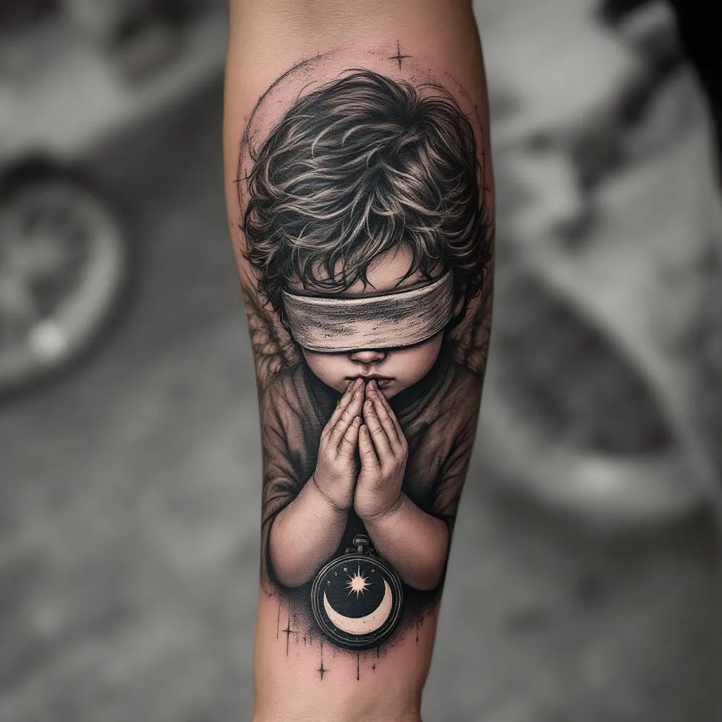 Arm sleeve, an realistic angel child with covered eyes  
 . on the forarm a pocketwatch a sun and a moon 
