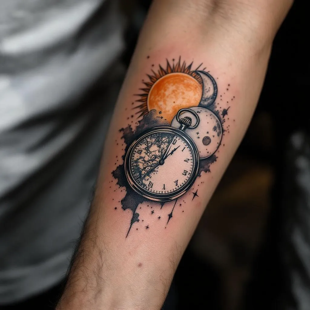 
 on the forearm a pocketwatch a sun and a moon 
