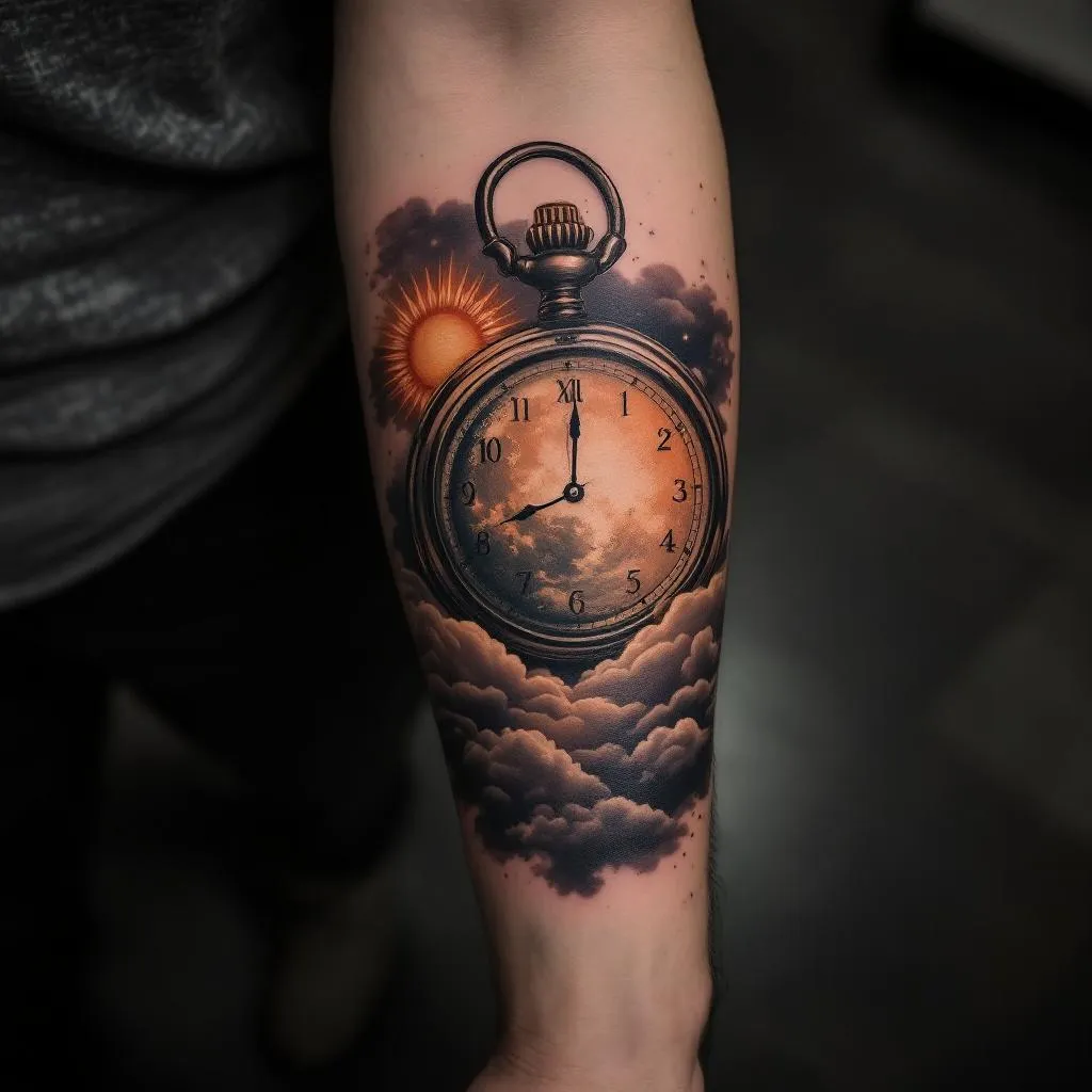 
 on the forearm a pocketwatch a sun and a moon  bigger and realistic with clouds
