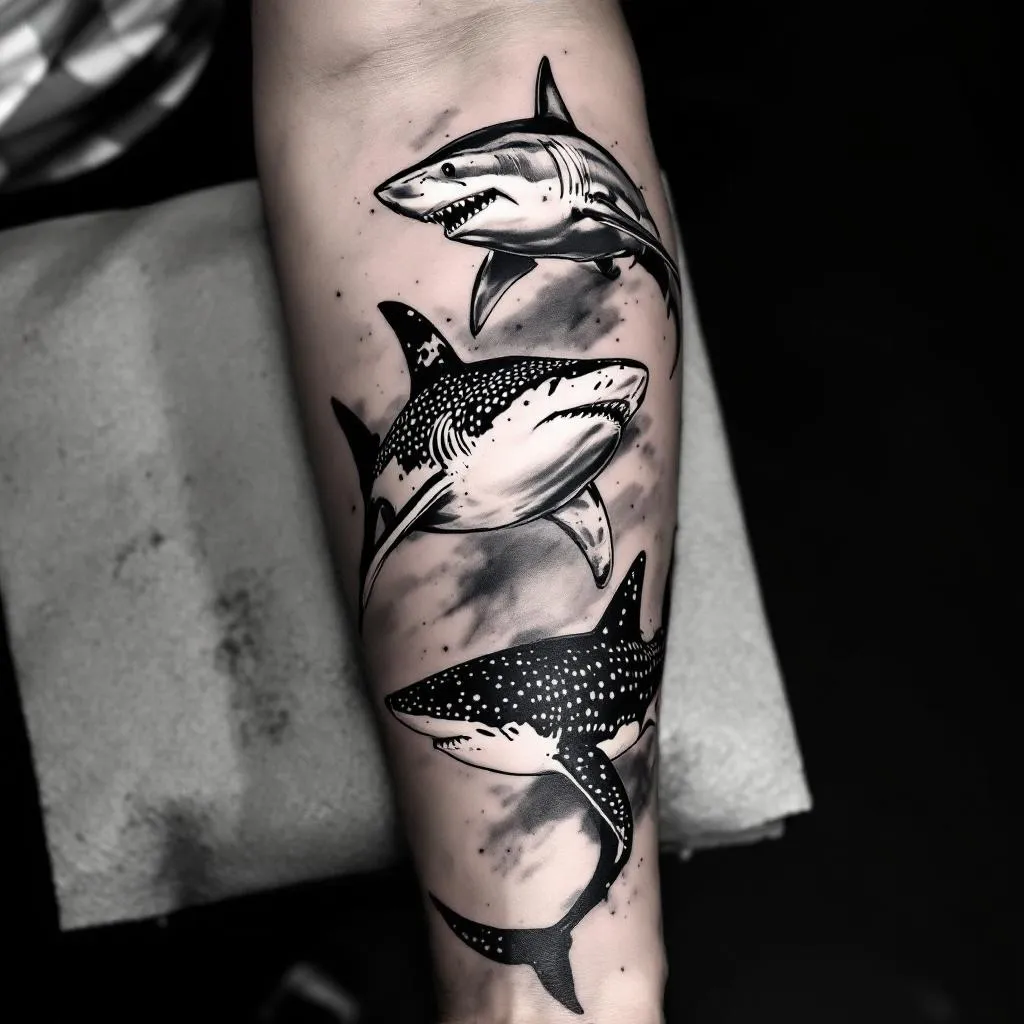 “Realistic black and grey tattoo design for forearm, three sharks in vertical flowing composition. Great white shark at top angled slightly downward with semi aggressive expression and slightly open mouth. Hammerhead shark in middle with slight twist toward viewer. Whale shark at bottom angled upward, calm posture with dotwork spots. Side view sharks, clean spacing, no overlap, minimal background, fine line and soft shading, tattoo stencil style.”