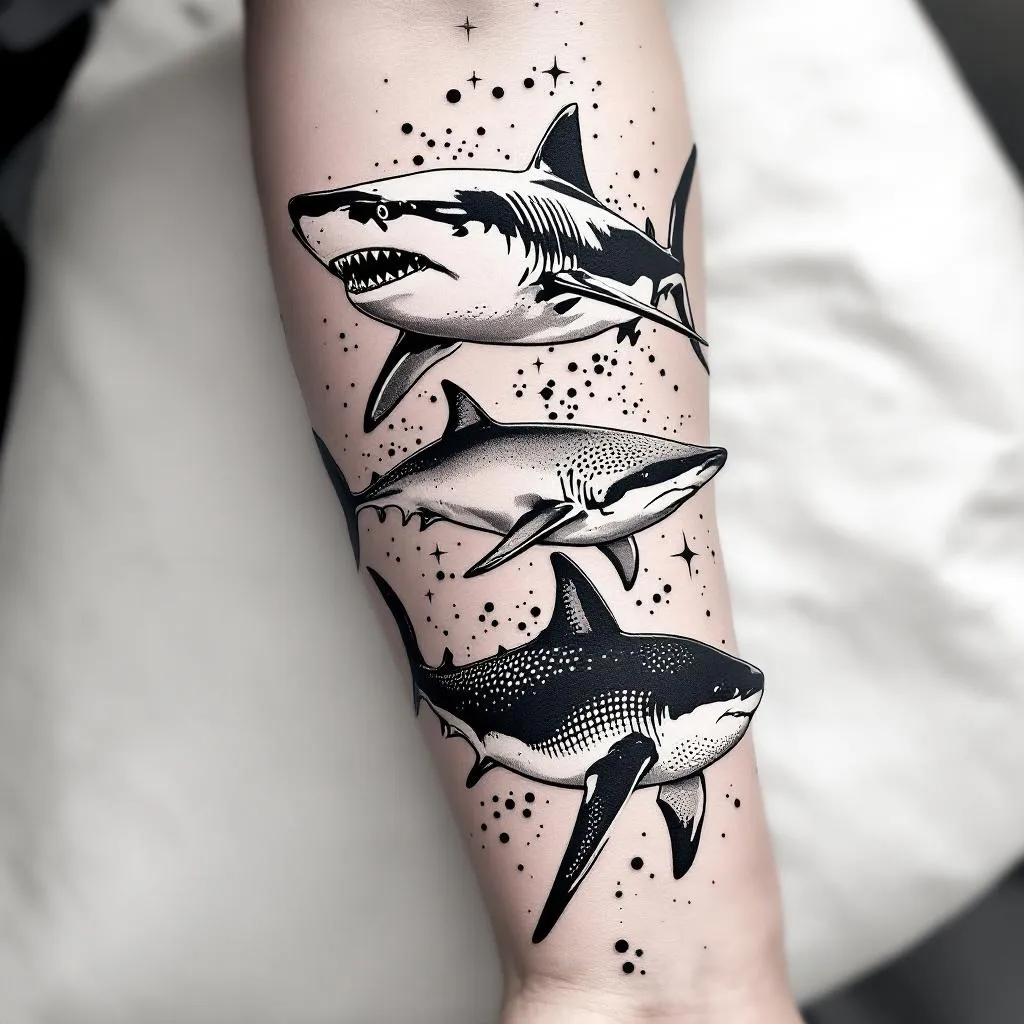 “Realistic black and grey tattoo design for forearm, three sharks in vertical flowing composition. Great white shark at top angled slightly downward with semi aggressive expression and slightly open mouth. Hammerhead shark in middle with slight twist toward viewer. Whale shark at bottom angled upward, calm posture with dotwork spots. Side view sharks, clean spacing, no overlap, minimal background, fine line and soft shading, tattoo stencil style.”