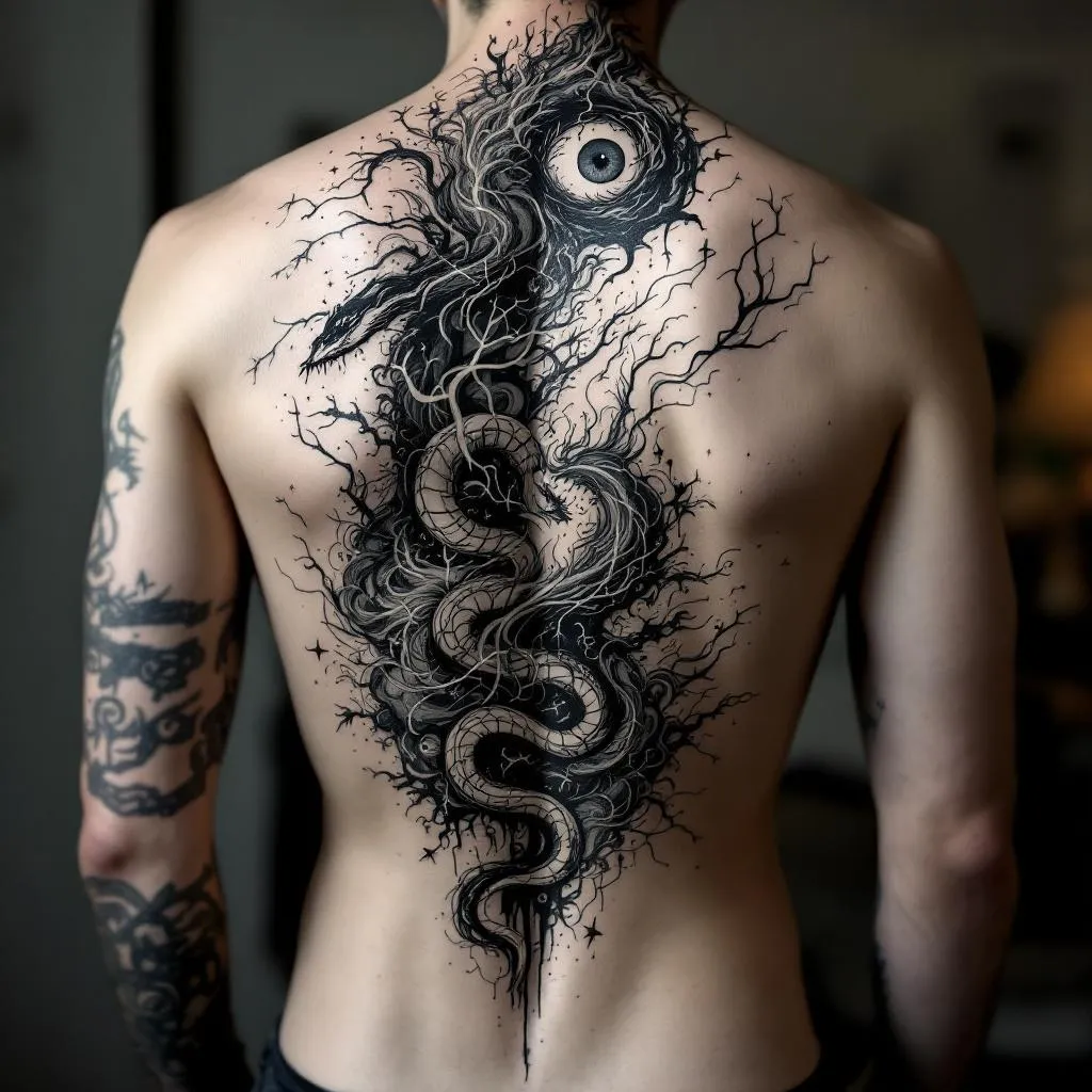 Abstract full-back tattoo design representing the inner struggle between reality and derealization.
A dynamic, flowing composition across the entire back, not split rigidly but showing an ongoing battle.
A stylized, semi-abstract snake symbolizes awareness, transformation, and inner strength, moving through chaotic elements.
The chaos represents derealization: swirling wind, tornado-like spirals, fire, lightning, and water blending together in an organic way.
Include subtle, minimalistic symbolic elements such as an abstract eye (focus on iris or energy, not a realistic eye) and a simplified hand outline reaching or fading.
Style should be mostly black and grey, with very minimal color accents only in small details like lightning or eye highlights.
Use negative space intentionally, not fully filled with ink, allowing skin to breathe and enhance contrast.
Mix detailed sections (like parts of the snake or energy) with minimalistic, soft, and fading abstract areas.
The overall feeling should be surreal, emotional, intense, and slightly unsettling, but also meaningful and hopeful.
No realistic faces, no overly crowded composition, no heavy solid black fills.
High detail, organic flow, tattoo design style.