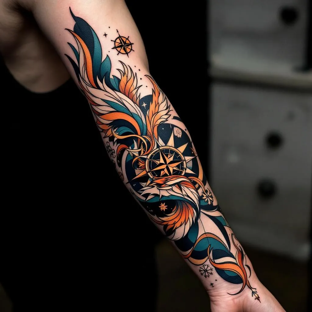- Prompt: A neo-traditional tattoo design featuring a stylized compass rose intertwined with a phoenix, bold black outlines, solid color blocks, and subtle gradient shading. Masculine, dynamic composition with a balance of geometric precision and organic curves. Color palette: deep navy, teal, copper, and ivory; option for a black-and-gray version. Placement: designed to wrap around the left forearm and spill onto the elbow and upper forearm, with the compass center near the mid-forearm and the phoenix's head oriented toward the outer arm. Size about 8 inches tall by 3-4 inches wide. Include negative space for clarity on medium skin tone, crisp linework, and flow that follows the arm’s contours. Accent details: delicate feather textures, small gears, and decorative swirls to enhance movement and cohesion.

- Style: Neo-traditional

- Skin Tone: medium,

- Gender: male