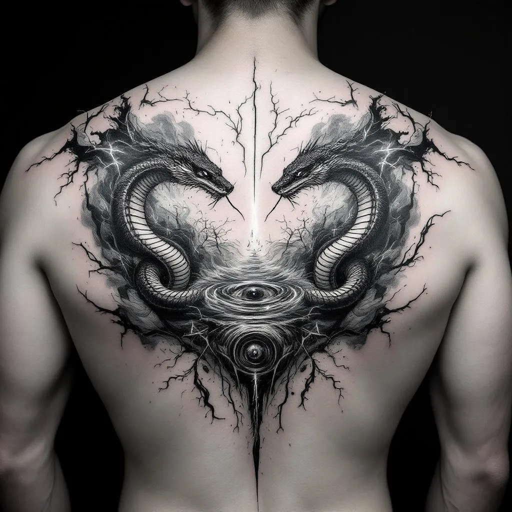 Full back tattoo design, abstract and dynamic composition.
Two mirrored cobras facing each other, slightly stylized, not fully realistic, representing inner conflict and awareness.
The cobras move through a chaotic environment made of blended elements like lightning and swirling wind/tornado energy (with subtle hints of fire or water).
In the center, a surreal derealization effect: a vortex or distorted space, abstract, ungraspable, reality bending or dissolving.
Include minimalistic symbolic elements like a faint eye energy or simplified hand outline, very subtle.
Add small, integrated text within the flow (like in lightning or wind), short and minimal, slightly distorted.
Style: black and grey, very minimal color accents only in tiny details.
Use negative space, not fully filled, airy composition.
Mix detailed sections (cobras, energy) with soft fading abstract areas.
No realistic faces, no overcrowding, no heavy solid black fills.
Emotional, intense, surreal, meaningful.