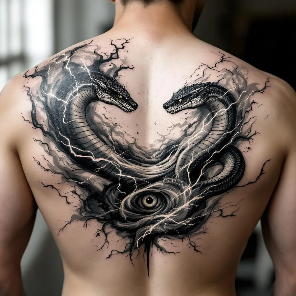 Full back tattoo design, abstract and dynamic composition.
Two mirrored cobras facing each other, slightly stylized, not fully realistic, representing inner conflict and awareness.
The cobras move through a chaotic environment made of blended elements like lightning and swirling wind/tornado energy (with subtle hints of fire or water).
In the center, a surreal derealization effect: a vortex or distorted space, abstract, ungraspable, reality bending or dissolving.
Include minimalistic symbolic elements like a faint eye energy or simplified hand outline, very subtle.
Add small, integrated text within the flow (like in lightning or wind), short and minimal, slightly distorted.
Style: black and grey, very minimal color accents only in tiny details.
Use negative space, not fully filled, airy composition.
Mix detailed sections (cobras, energy) with soft fading abstract areas.
No realistic faces, no overcrowding, no heavy solid black fills.
Emotional, intense, surreal, meaningful.