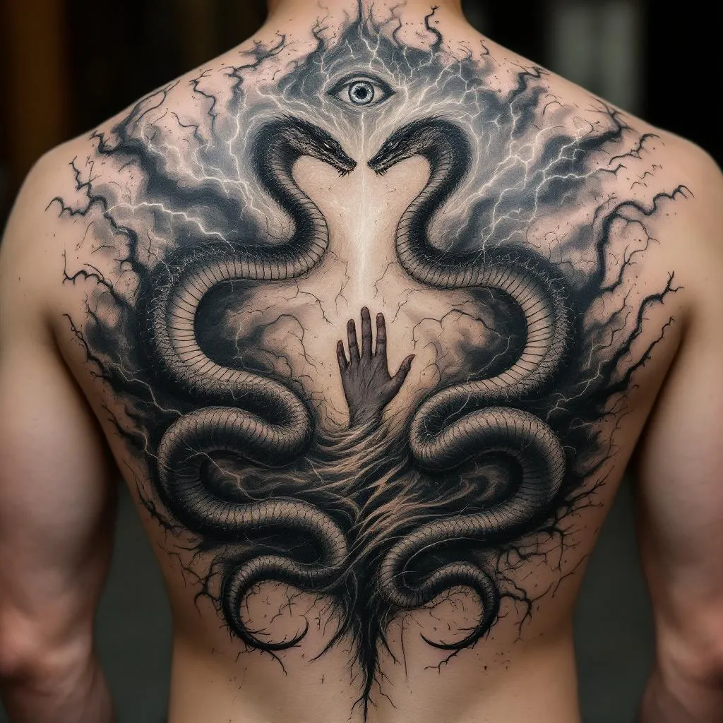 Full back tattoo design, abstract and dynamic composition.
Two mirrored cobras facing each other, slightly stylized, not fully realistic, representing inner conflict and awareness.
The cobras move through a chaotic environment made of blended elements like lightning and swirling wind/tornado energy (with subtle hints of fire or water).
In the center, a surreal derealization effect: a vortex or distorted space, abstract, ungraspable, reality bending or dissolving.
Include minimalistic symbolic elements like a faint eye energy or simplified hand outline, very subtle.
Add small, integrated text within the flow (like in lightning or wind), short and minimal, slightly distorted.
Style: black and grey, very minimal color accents only in tiny details.
Use negative space, not fully filled, airy composition.
Mix detailed sections (cobras, energy) with soft fading abstract areas.
No realistic faces, no overcrowding, no heavy solid black fills.
Emotional, intense, surreal, meaningful.
The cobra’s need to be minimalistic. 
