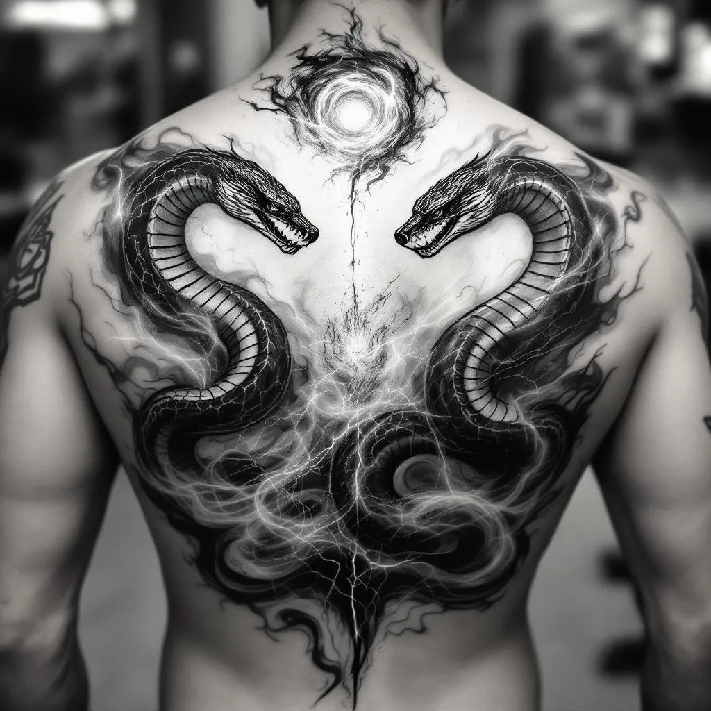 Full back tattoo design, abstract and dynamic composition.
Two mirrored cobras facing each other, slightly stylized, not fully realistic, representing inner conflict and awareness.
The cobras move through a chaotic environment made of blended elements like lightning and swirling wind/tornado energy (with subtle hints of fire or water).
In the center, a surreal derealization effect: a vortex or distorted space, abstract, ungraspable, reality bending or dissolving.
Include minimalistic symbolic elements like a faint eye energy or simplified hand outline, very subtle.
Add small, integrated text within the flow (like in lightning or wind), short and minimal, slightly distorted.
Style: black and grey, very minimal color accents only in tiny details.
Use negative space, not fully filled, airy composition.
Mix detailed sections (cobras, energy) with soft fading abstract areas.
No realistic faces, no overcrowding, no heavy solid black fills.
Emotional, intense, surreal, meaningful.
The cobra’s need to be minimalistic. 