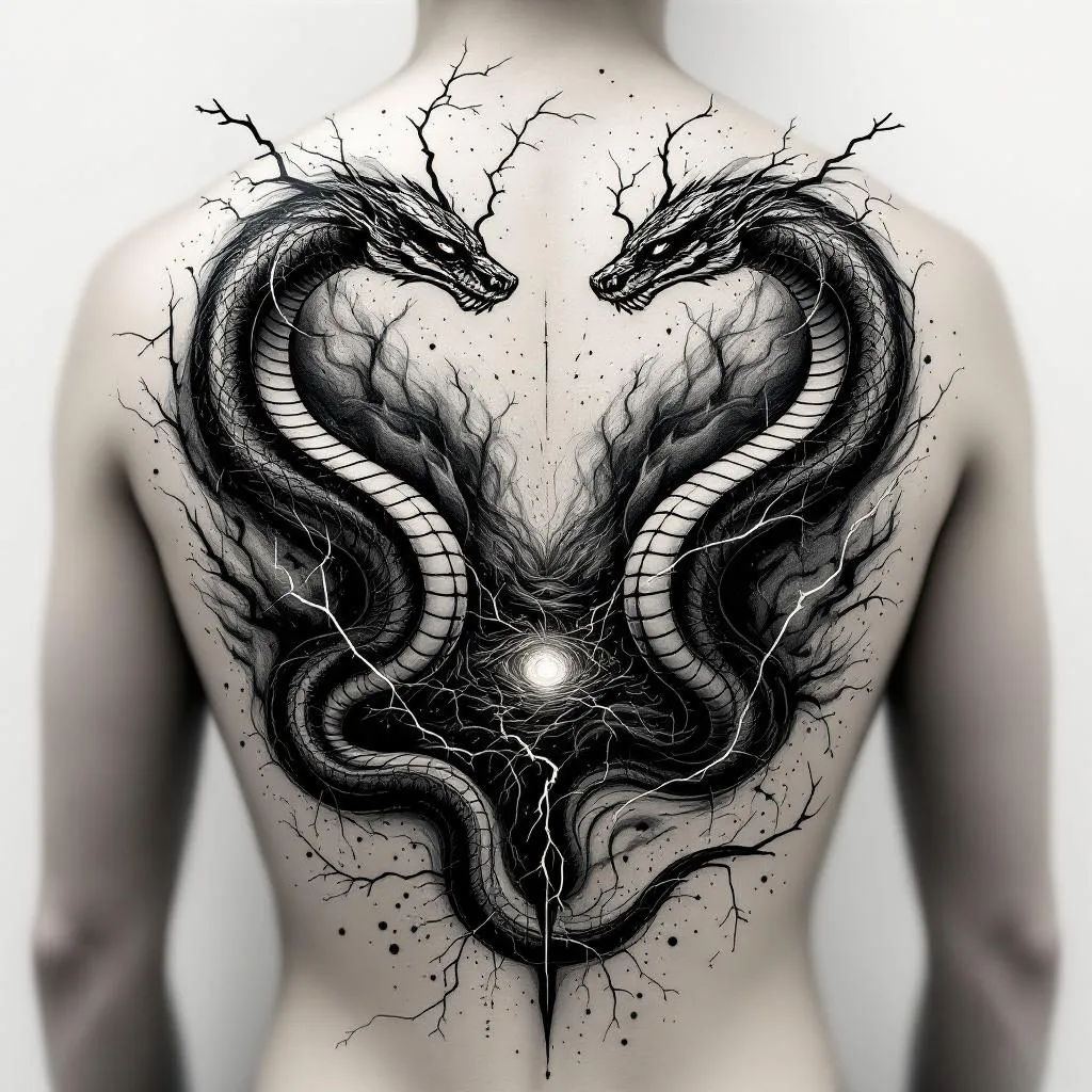 Full back tattoo design, abstract and dynamic composition.
Two mirrored cobras facing each other, slightly stylized, not fully realistic, representing inner conflict and awareness.
The cobras move through a chaotic environment made of blended elements like lightning and swirling wind/tornado energy (with subtle hints of fire or water).
In the center, a surreal derealization effect: a vortex or distorted space, abstract, ungraspable, reality bending or dissolving.
Include minimalistic symbolic elements like a faint eye energy or simplified hand outline, very subtle.
Add small, integrated text within the flow (like in lightning or wind), short and minimal, slightly distorted.
Style: black and grey, very minimal color accents only in tiny details.
Use negative space, not fully filled, airy composition.
Mix detailed sections (cobras, energy) with soft fading abstract areas.
No realistic faces, no overcrowding, no heavy solid black fills.
Emotional, intense, surreal, meaningful.
The cobra’s need to be minimalistic. 