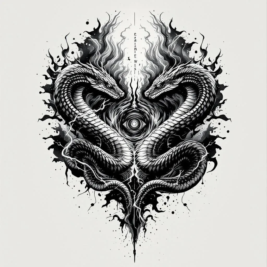Full back tattoo design, abstract and dynamic composition.
Two mirrored cobras facing each other, slightly stylized, not fully realistic, representing inner conflict and awareness.
The cobras move through a chaotic environment made of blended elements like lightning and swirling wind/tornado energy (with subtle hints of fire or water).
In the center, a surreal derealization effect: a vortex or distorted space, abstract, ungraspable, reality bending or dissolving.
Include minimalistic symbolic elements like a faint eye energy or simplified hand outline, very subtle.
Add small, integrated text within the flow (like in lightning or wind), short and minimal, slightly distorted.
Style: black and grey, very minimal color accents only in tiny details.
Use negative space, not fully filled, airy composition.
Mix detailed sections (cobras, energy) with soft fading abstract areas.
No realistic faces, no overcrowding, no heavy solid black fills.
Emotional, intense, surreal, meaningful.
The cobra’s need to be minimalistic. 