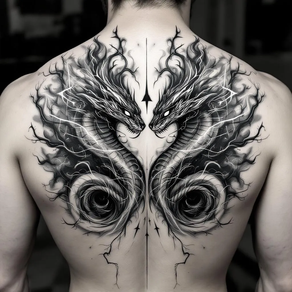 Full back tattoo design, abstract and dynamic composition.
Two mirrored cobras facing each other, slightly stylized, not fully realistic, representing inner conflict and awareness.
The cobras move through a chaotic environment made of blended elements like lightning and swirling wind/tornado energy (with subtle hints of fire or water).
In the center, a surreal derealization effect: a vortex or distorted space, abstract, ungraspable, reality bending or dissolving.
Include minimalistic symbolic elements like a faint eye energy or simplified hand outline, very subtle.
Add small, integrated text within the flow (like in lightning or wind), short and minimal, slightly distorted.
Style: black and grey, very minimal color accents only in tiny details.
Use negative space, not fully filled, airy composition.
Mix detailed sections (cobras, energy) with soft fading abstract areas.
No realistic faces, no overcrowding, no heavy solid black fills.
Emotional, intense, surreal, meaningful.
The cobra’s need to be minimalistic. 
Less chaos 