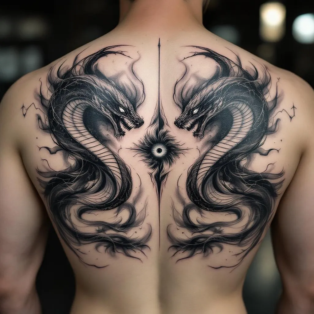 Full back tattoo design, abstract and dynamic composition.
Two mirrored cobras facing each other, slightly stylized, not fully realistic, representing inner conflict and awareness.
The cobras move through a chaotic environment made of blended elements like lightning and swirling wind/tornado energy (with subtle hints of fire or water).
In the center, a surreal derealization effect: a vortex or distorted space, abstract, ungraspable, reality bending or dissolving.
Include minimalistic symbolic elements like a faint eye energy or simplified hand outline, very subtle.
Add small, integrated text within the flow (like in lightning or wind), short and minimal, slightly distorted.
Style: black and grey, very minimal color accents only in tiny details.
Use negative space, not fully filled, airy composition.
Mix detailed sections (cobras, energy) with soft fading abstract areas.
No realistic faces, no overcrowding, no heavy solid black fills.
Emotional, intense, surreal, meaningful.
The cobra’s need to be minimalistic. 
Less chaos 
