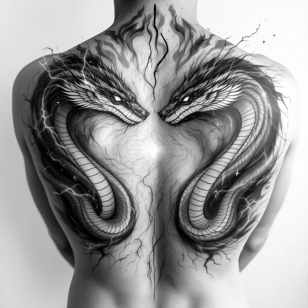 Full back tattoo design, abstract and dynamic composition.
Two mirrored cobras facing each other, slightly stylized, not fully realistic, representing inner conflict and awareness.
The cobras move through a chaotic environment made of blended elements like lightning and swirling wind/tornado energy (with subtle hints of fire or water).
In the center, a surreal derealization effect: a vortex or distorted space, abstract, ungraspable, reality bending or dissolving.
Include minimalistic symbolic elements like a faint eye energy or simplified hand outline, very subtle.
Add small, integrated text within the flow (like in lightning or wind), short and minimal, slightly distorted.
Style: black and grey, very minimal color accents only in tiny details.
Use negative space, not fully filled, airy composition.
Mix detailed sections (cobras, energy) with soft fading abstract areas.
No realistic faces, no overcrowding, no heavy solid black fills.
Emotional, intense, surreal, meaningful.
The cobra’s need to be minimalistic. 
Less chaos 