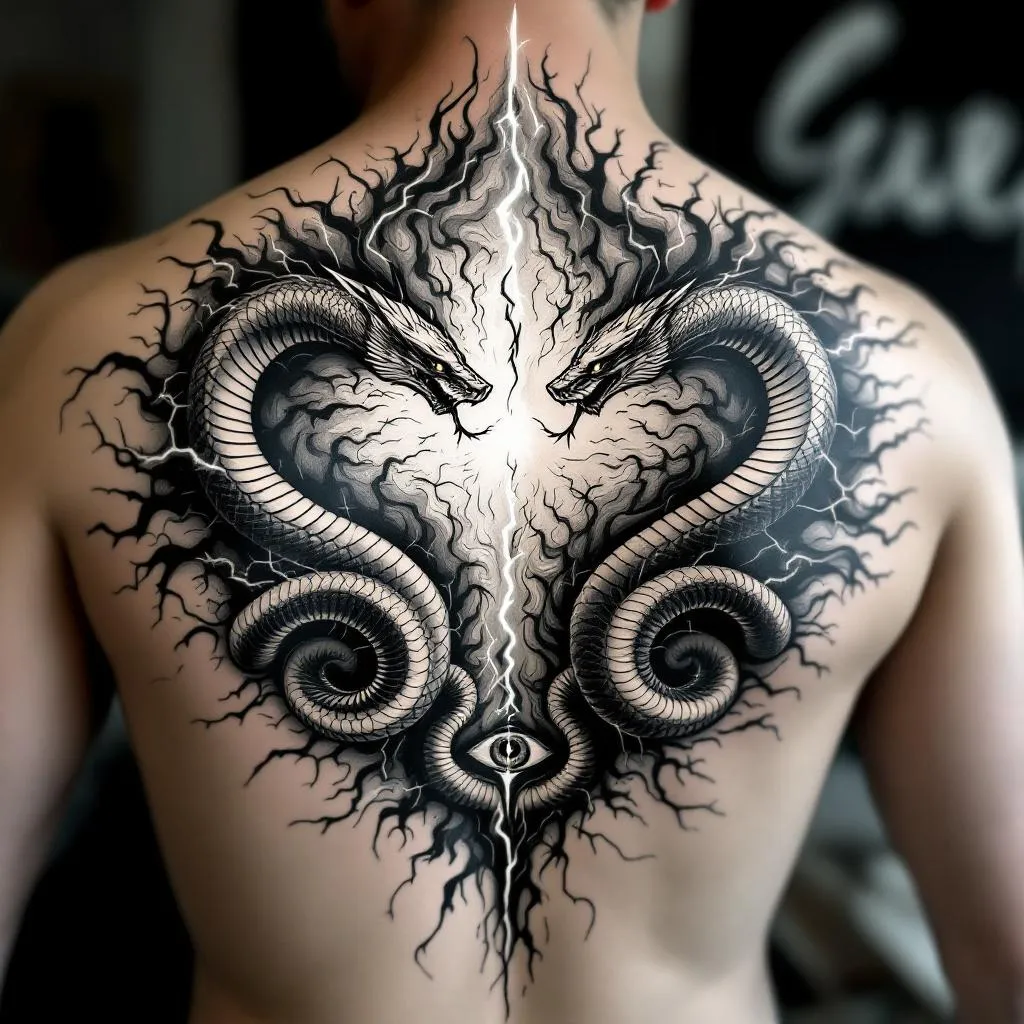 Full back tattoo design, abstract and dynamic composition.
Two mirrored cobras facing each other, slightly stylized, not fully realistic, representing inner conflict and awareness.
The cobras move through a chaotic environment made of blended elements like lightning and swirling wind/tornado energy (with subtle hints of fire or water).
In the center, a surreal derealization effect: a vortex or distorted space, abstract, ungraspable, reality bending or dissolving.
Include minimalistic symbolic elements like a faint eye energy or simplified hand outline, very subtle.
Add small, integrated text within the flow (like in lightning or wind), short and minimal, slightly distorted.
Style: black and grey, very minimal color accents only in tiny details.
Use negative space, not fully filled, airy composition.
Mix detailed sections (cobras, energy) with soft fading abstract areas.
No realistic faces, no overcrowding, no heavy solid black fills.
Emotional, intense, surreal, meaningful.
The cobra’s need to be minimalistic. 
Less chaos 