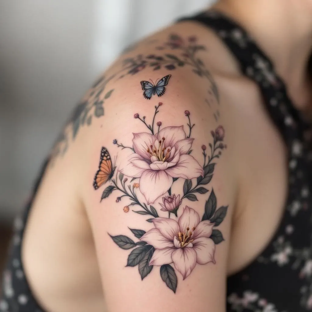 Female Model, Floral Half Sleeve, Shoulder To Chest Wrap Tattoo