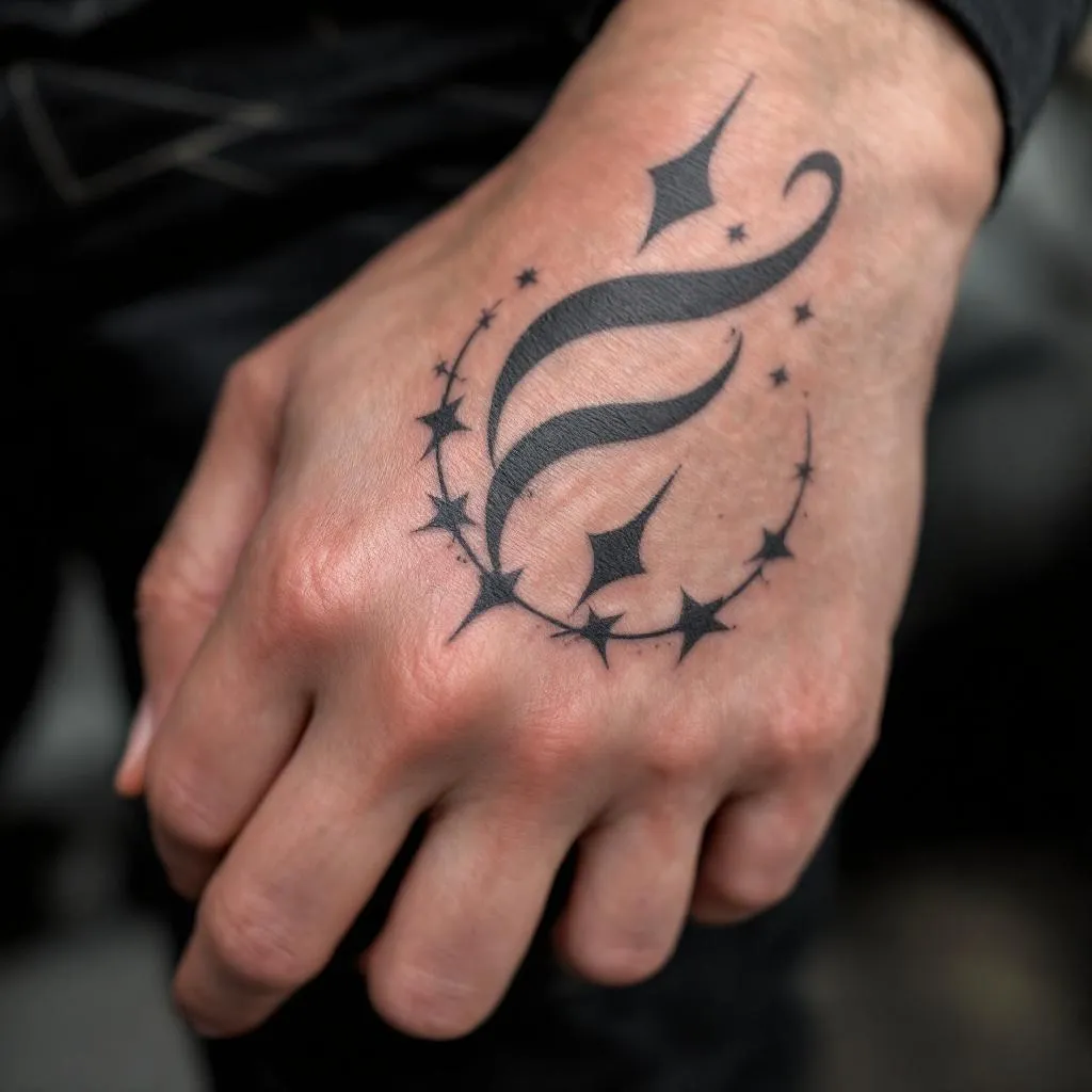 Hand, Small, Crescent Moon And Stars Tattoo