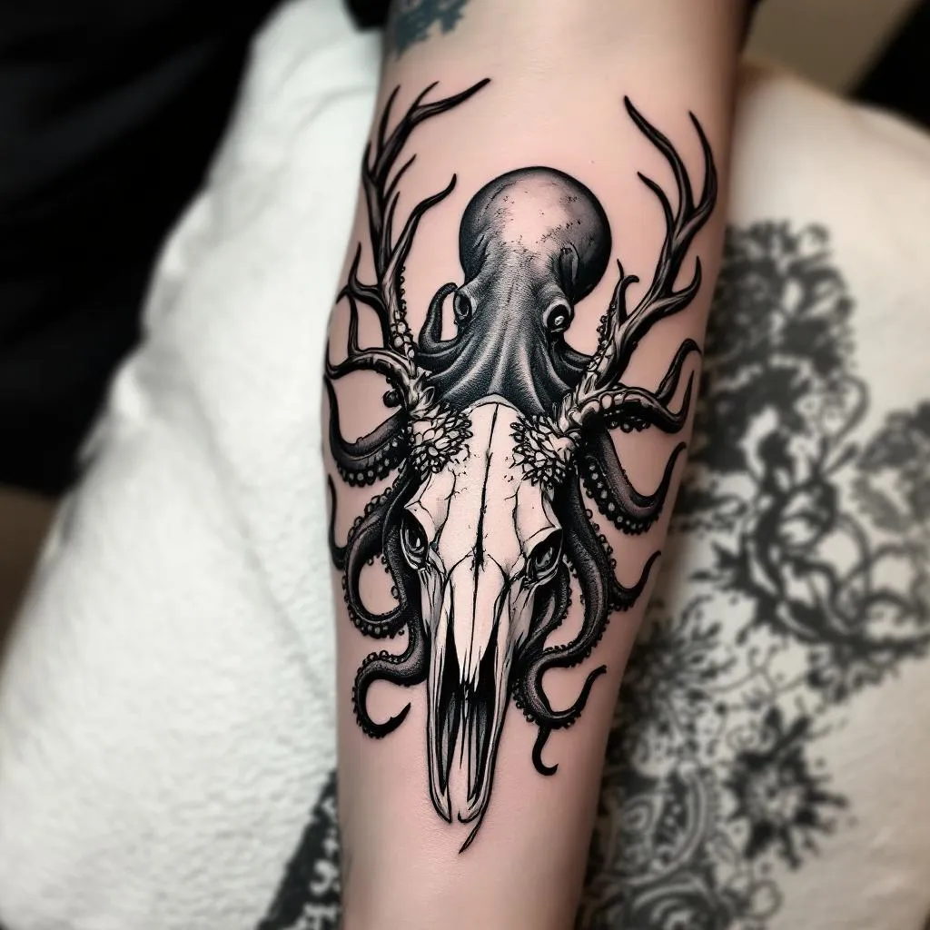 All black tattoo of an octopus holding a stag skull with attached antlers