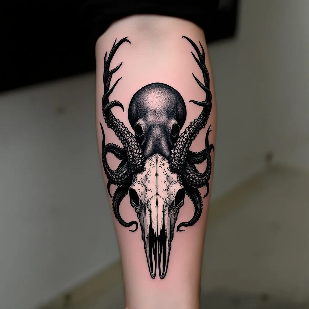 All black tattoo of an octopus holding a stag skull with attached antlers