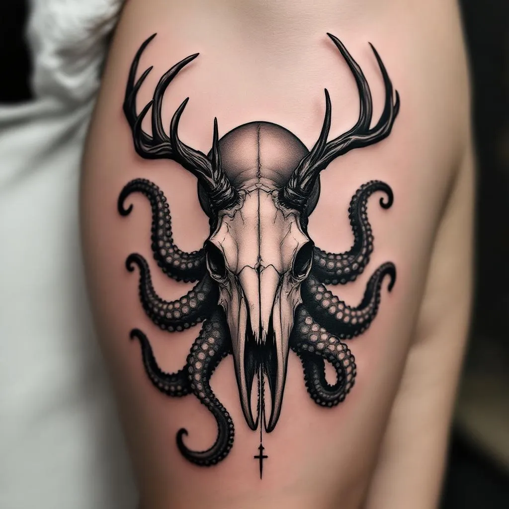 All black tattoo of an octopus holding a stag skull with attached antlers