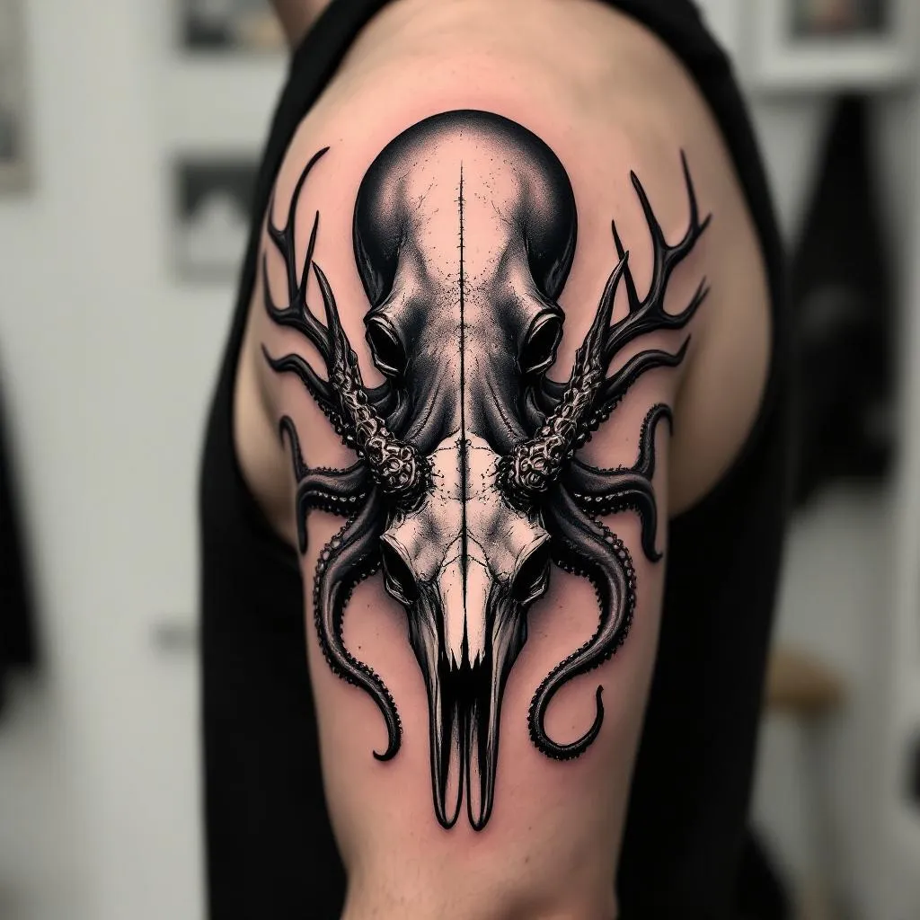 Octopus, Stag Skull, Antlers Tattoo