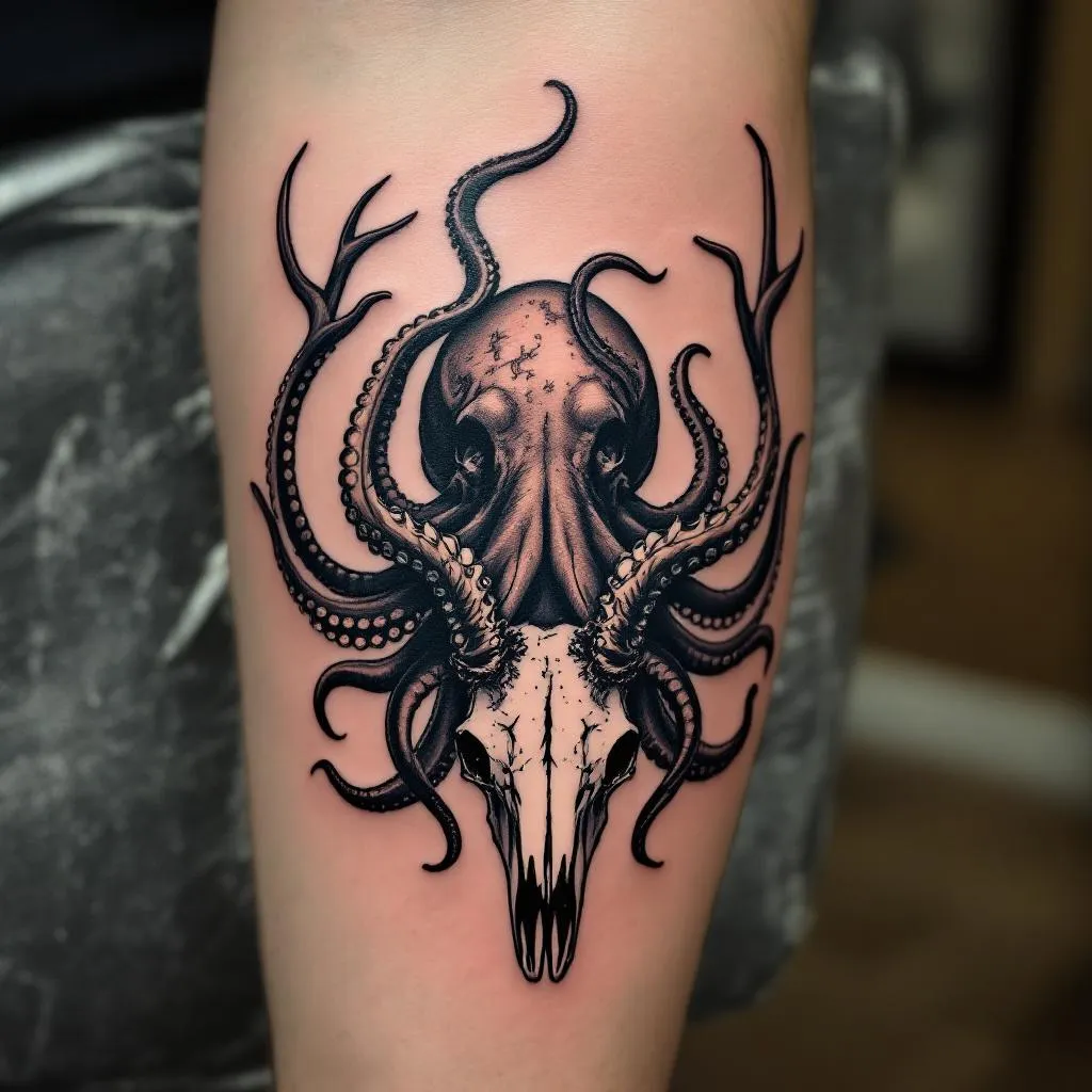 All black tattoo of an octopus holding a stag skull with attached antlers