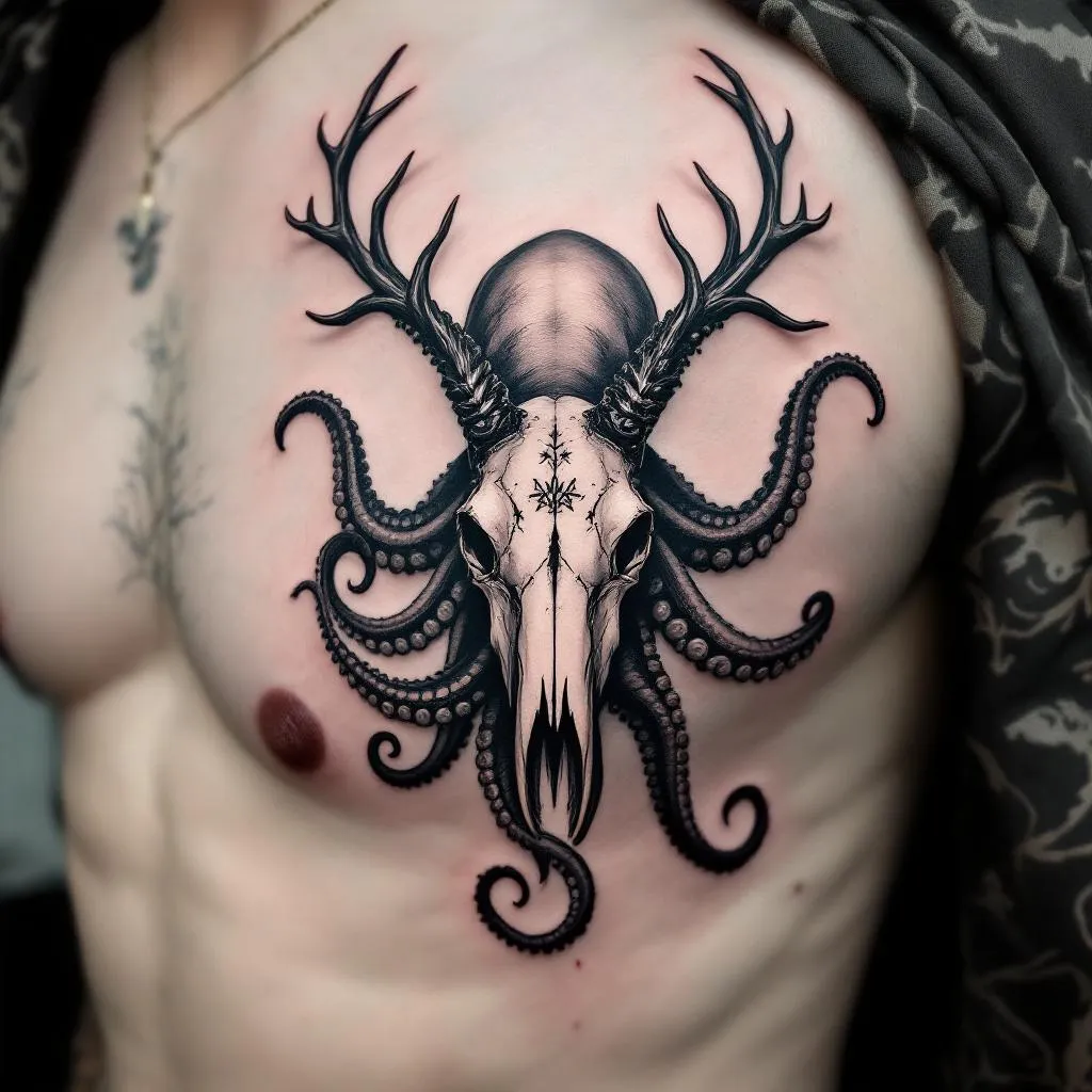 All black tattoo of an octopus holding a stag skull with attached antlers