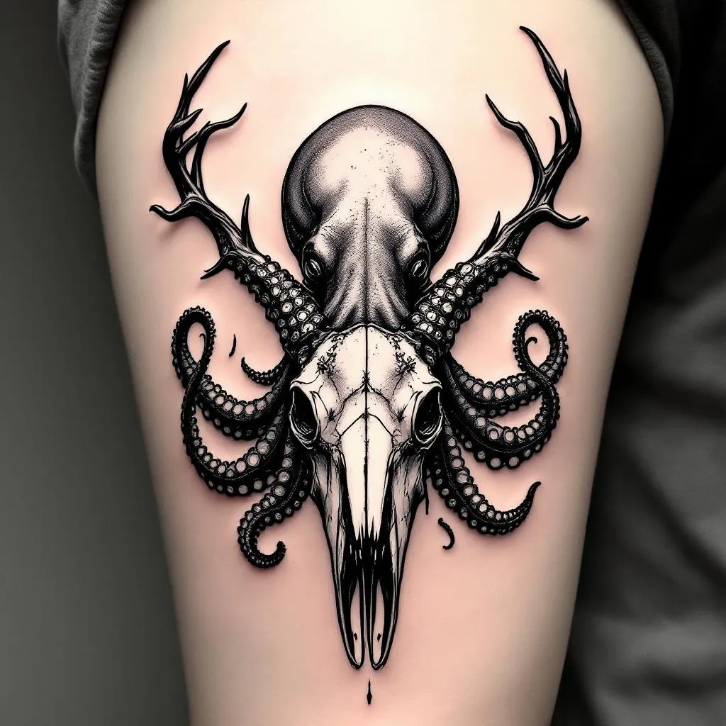 All black tattoo of an octopus holding a stag skull with attached antlers
