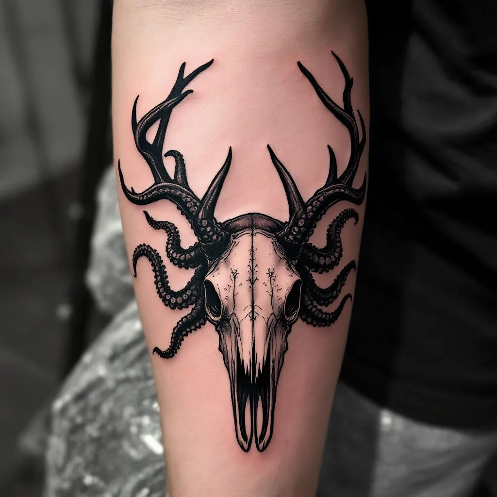 Octopus, Stag Skull, Antlers Tattoo