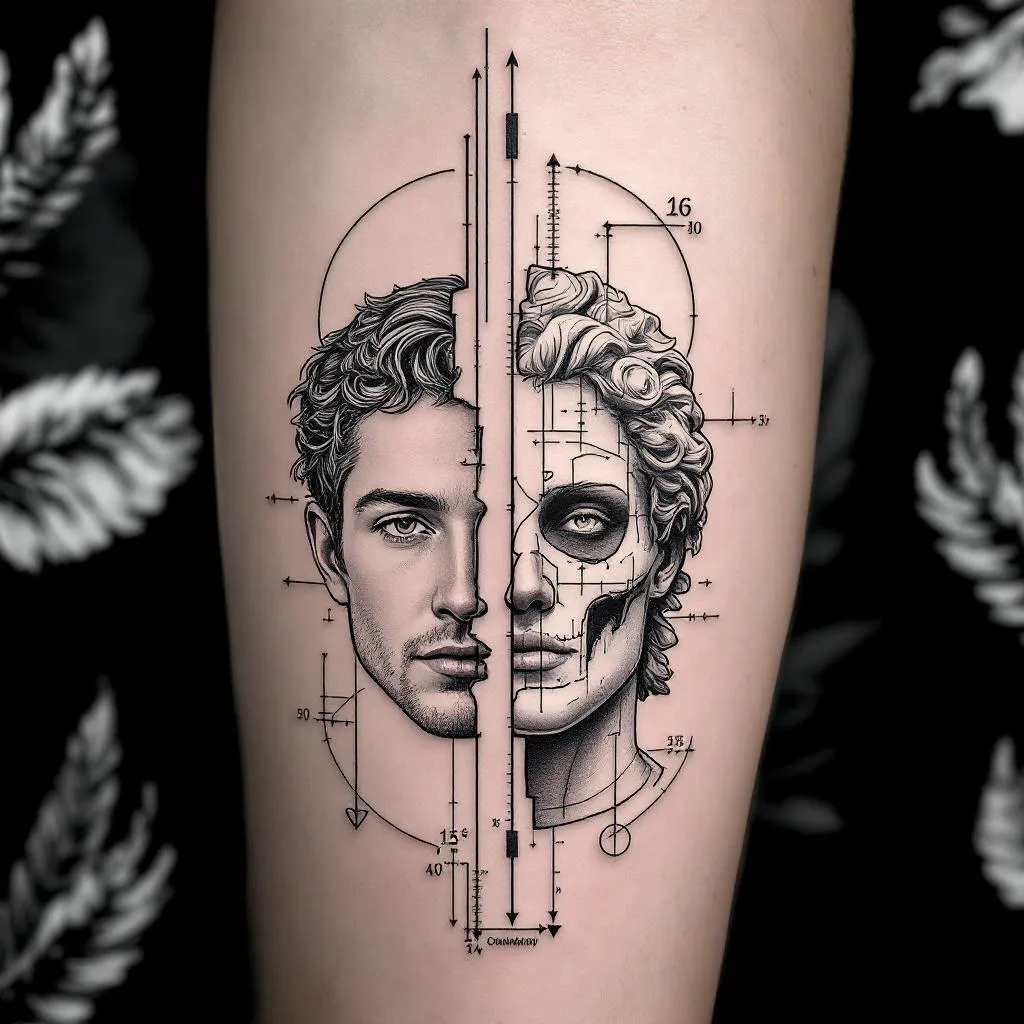 fine line tattoo, blueprint style, ultra clean geometric composition, perfectly balanced layout, two mirrored human profiles facing inward, both same size, left side realistic living human, right side fragmented classical statue (no skull, no horror), partial face only (not full head), slightly offset fragments, thin vertical center line as axis, strict alignment, multiple open circles (not closed), precise straight lines, small dots and measurement markers, technical drawing aesthetic, consistent line weight, no shading, no gradients, no textures, no bold lines, no text, no background elements, all elements evenly spaced, minimal negative space, high precision, architectural layout, modern philosophical concept