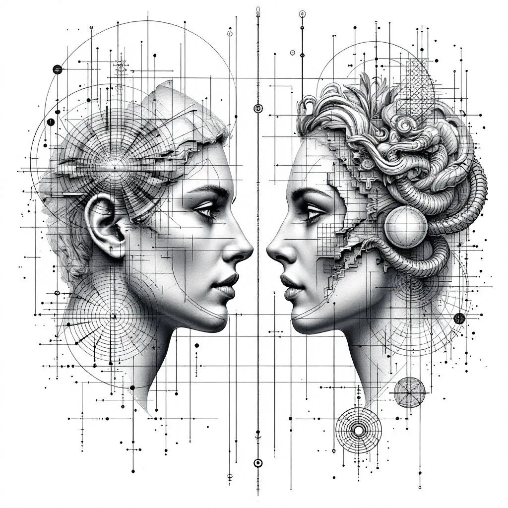 ine line tattoo, blueprint style, ultra precise geometric sleeve composition, strict vertical axis layout, two separate mirrored human profiles facing each other across a thin vertical center line, both same size and clearly visible, left side realistic living human profile, right side fragmented classical statue profile (not skull, no horror), both only partial faces (not full heads), slightly offset fragments on the right side, strong symmetry but not identical

integrated geometric system connecting all elements: multiple open circles (incomplete), precise straight lines, dots, measurement markers, technical blueprint lines, all aligned to the vertical axis

additional elements evenly distributed and same scale (no dominant object): small ouroboros (minimal, not bold), small balance scale (geometric), abstract raccoon (fine line, subtle, same size as others), subtle labyrinth pattern, optional golden ratio spiral, all integrated into the line system (no floating elements)

lower section: lines gradually dissolving into small particles and dots (memento mori concept, no skull), smooth transition from structure to decay

composition rules: everything connected, no isolated symbols, equal visual weight, clean spacing, architectural layout, modern philosophical aesthetic

style rules: single needle, consistent thin line weight, no shading, no gradients, no textures, no bold outlines, no text, no background, no realism rendering, no dark areas, no clutter