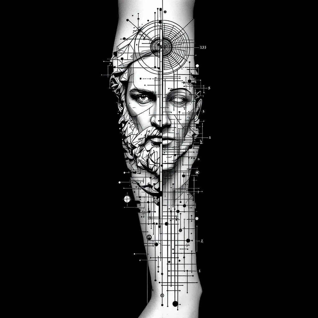 fine line tattoo sleeve design, full arm vertical composition from shoulder to forearm, continuous flow along the arm, strong vertical axis running through entire design, all elements arranged along this axis, connected by long flowing lines moving upward and downward across the arm

blueprint style, ultra clean geometric system, no isolated elements, everything connected through lines and structure, technical drawing aesthetic

upper section (shoulder area): fragmented classical philosopher face (Socrates inspired), only partial face, broken into clean geometric fragments, integrated into the line system

mid section (upper arm): two mirrored human profiles facing each other across a thin vertical line, both same size, left side living human, right side fragmented statue (no skull), both partial, not full heads

surrounding elements evenly distributed along the arm: open circles (incomplete), measurement lines, dots, geometric markers, all aligned and connected to the main axis

include small scale symbols integrated into the system (same size, not dominant): minimal ouroboros, geometric balance scale, abstract raccoon, subtle labyrinth pattern, optional golden ratio spiral

lower section (forearm): lines extending downward and gradually dissolving into particles and dots, smooth transition from structure to decay (memento mori, no skull)

composition rules: full sleeve flow, vertical movement, no central single image, no clustering, balanced spacing from top to bottom, architectural layout, continuous upward/downward line motion

style rules: single needle, consistent thin line weight, no shading, no gradients, no bold outlines, no text, no background, clean minimal black ink