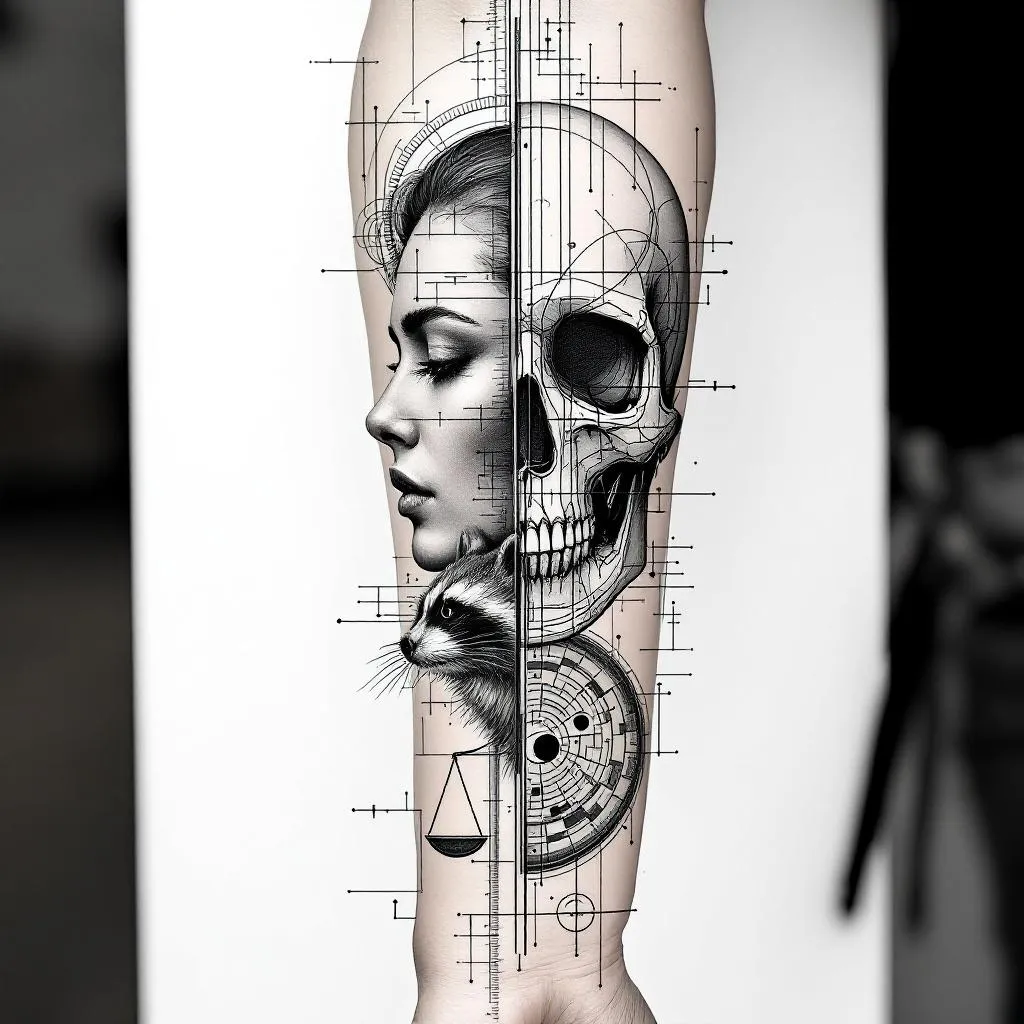 fine line tattoo sleeve design, full arm vertical composition from shoulder to forearm, continuous flowing structure along the arm, strong vertical axis connecting all elements, blueprint style geometric system, technical drawing aesthetic

MUST INCLUDE ALL ELEMENTS (all same size, none dominant, all clearly visible and separated):

two mirrored profiles facing each other across a thin vertical line: left side a living human profile, right side a clean anatomical skull profile (not horror, no damage, no decay, clean lines)
fragmented Socrates-inspired partial face (not full head)
small abstract raccoon (fine line, minimal, same scale)
small geometric balance scale
small minimal ouroboros integrated into lines
small geometric labyrinth pattern
optional golden ratio spiral (subtle, same size)

all elements evenly distributed from top to bottom along the arm, not overlapping, not merged, each clearly readable, equal visual weight

all elements connected through a continuous system of fine lines, open circles (incomplete), dots, measurement markers, blueprint-style geometry, all aligned to the vertical axis

upper section (shoulder): fragmented Socrates integrated into geometry
mid section (upper arm): mirrored human and skull profiles across vertical axis
lower section (forearm): geometric elements continue downward, lines gradually dissolving into particles and dots (memento mori concept)

composition rules: full sleeve flow, vertical movement, no central dominant image, no empty areas, no clustering, architectural layout, everything connected

style rules: single needle, ultra thin consistent line weight, no shading, no gradients, no textures, no bold outlines, no text, clean black ink, minimalist, highly precise