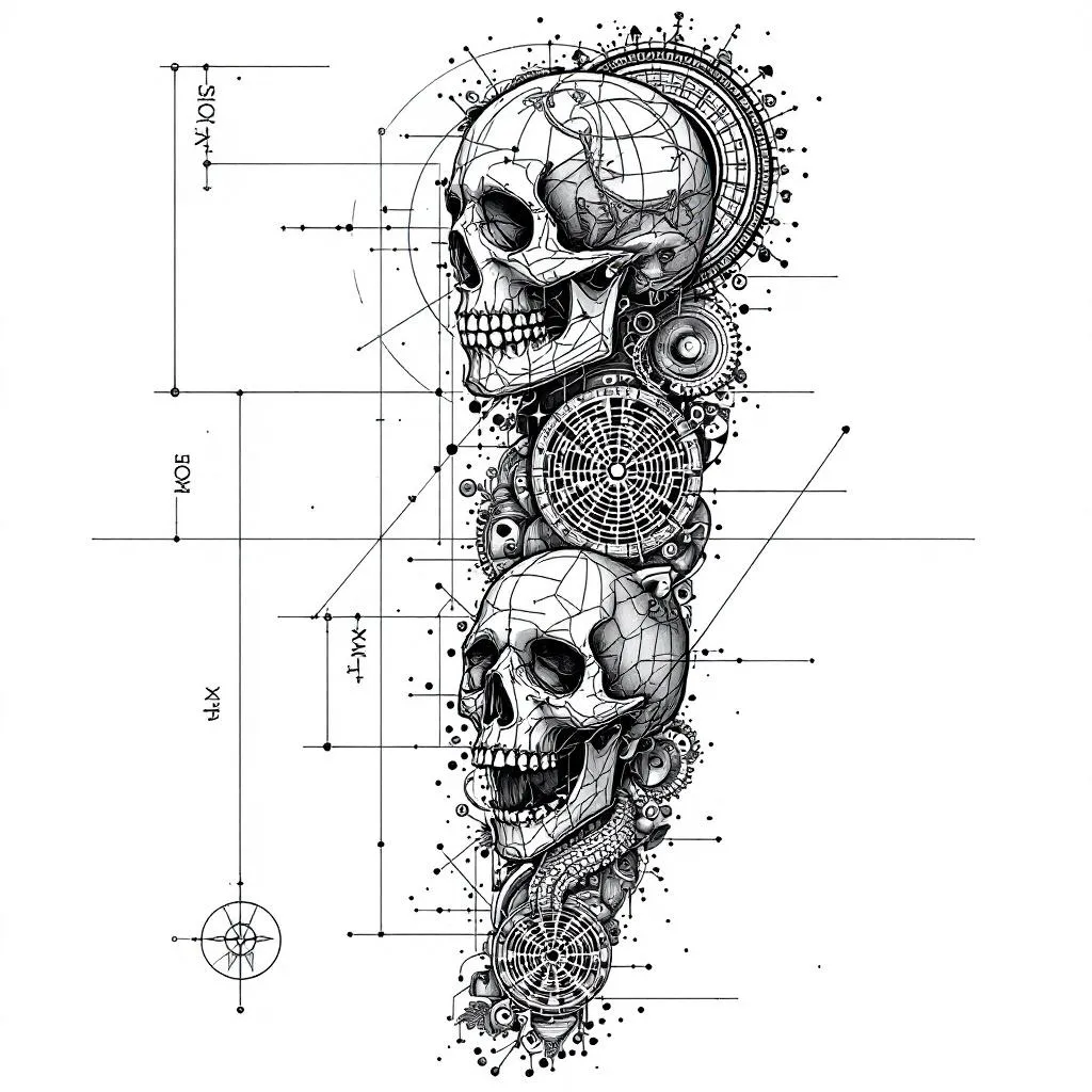 blueprint tattoo sleeve layout, linework only, no shading, no realism, no rendering, pure fine line design, technical drawing style, architectural layout

full arm sleeve composition from shoulder to forearm, vertical flow, long continuous lines running through entire design, elements arranged along a central axis but distributed across the arm, not centered like a poster

include ALL elements as small separate components (same size, none dominant):

mirrored profiles: left human, right skull (clean anatomical, no shading, line art only)
small raccoon line drawing
small balance scale (minimal geometric)
small ouroboros (thin line)
small labyrinth (geometric)
fragmented Socrates face (very small, partial, broken)

connect everything using thin lines, open circles, dots, measurement marks, blueprint geometry, all elements must be part of one connected system

top to bottom structure: elements spread across entire arm, no large central image, no clustering, no empty areas

lower section: lines extend downward and dissolve into dots and particles

style: ultra thin consistent line weight, no shading, no gradients, no realism, no textures, no dark areas, no bold outlines, no 3D looks like a tattoo stencil or blueprint sketch, unfinished design, guide lines visible