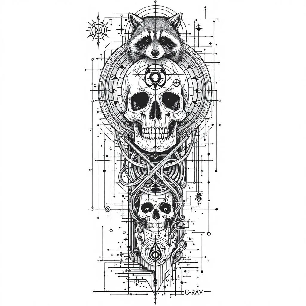blueprint tattoo sleeve layout, stencil design, linework only, no shading, no realism, technical drawing style

full arm vertical composition from shoulder to forearm, elements distributed along the arm, not centered, not stacked, no repetition

include exactly ONE skull profile (right side only), same size as other elements, not dominant, no duplicates

include separate mirrored human profile on the left side (same size, not merged with skull)

include ALL additional elements as small separate objects (same scale):

small raccoon line drawing
small geometric balance scale
small ouroboros
small labyrinth
small fragmented Socrates face

all elements must be clearly separated and evenly spaced, no overlapping, no stacking

connect all elements using thin lines, open circles, dots, measurement marks, blueprint geometry, forming one continuous system across the arm

strong vertical flow with long guiding lines running up and down the design

lower section: lines dissolve into small particles

style: ultra thin lines, consistent weight, no shading, no dark areas, no textures, no 3D, no realism, looks like a tattoo stencil or technical blueprint do not repeat the skull, do not make skull dominant, do not create large central object