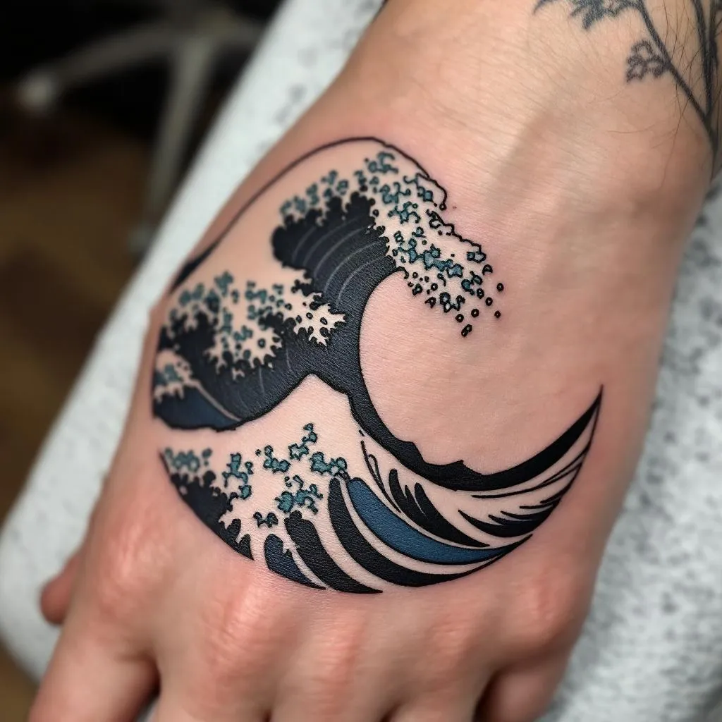 Wave tattoo design for the back of the right hand on a male with medium skin tone. Placement: back of the hand, starting near the base of the thumb, sweeping across the dorsum toward the wrist and curling slightly onto the outer wrist. Style: bold black linework with smooth, fluid curves; traditional Japanese wave motif fused with neo-traditional shading; deep black ink with subtle gray washes and crisp white highlights; optional minimal blue accents.