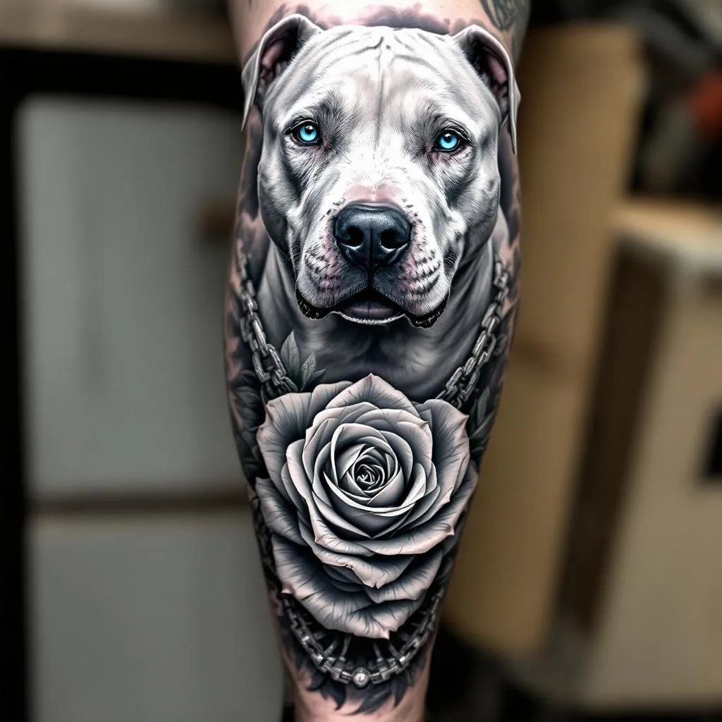 Full black and grey realistic leg sleeve tattoo design, highly detailed, smooth shading, high contrast, clean composition, designed to flow naturally with the shape of the leg.

Top thigh: realistic portrait of a white pitbull dog with soft fur detail, strong facial features, and expressive eyes. The dog should look happy and loyal, mouth slightly open with tongue visible. The ONLY color in the entire tattoo is the dog’s eyes, which are bright icy blue.

Knee area: a detailed rose made entirely of US dollar bills, designed in a realistic engraved money style, with layered petals and crisp linework, wrapping naturally around the knee cap.

Lower leg (calf/shin): a Harley Davidson Iron 883 motorcycle, realistic or semi-realistic style, clean mechanical detail, slightly angled for depth, integrated naturally into the flow of the sleeve.

Filler elements: subtle smoke, soft clouds, light chains, and background shading to connect all pieces smoothly. Include a compass and timepiece blended into the background, not overpowering the main elements.

Style: black and grey realism, fine line, smooth gradients, no color except blue eyes, cohesive sleeve composition, balanced spacing, professional tattoo design, no clutter, skin breaks for contrast.